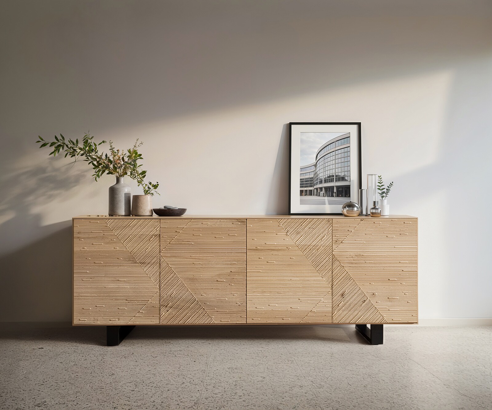 Sideboard Tereos 200 cm Eiche Natur 3D Effekt 4 Türen Kufe Metall Schwarz