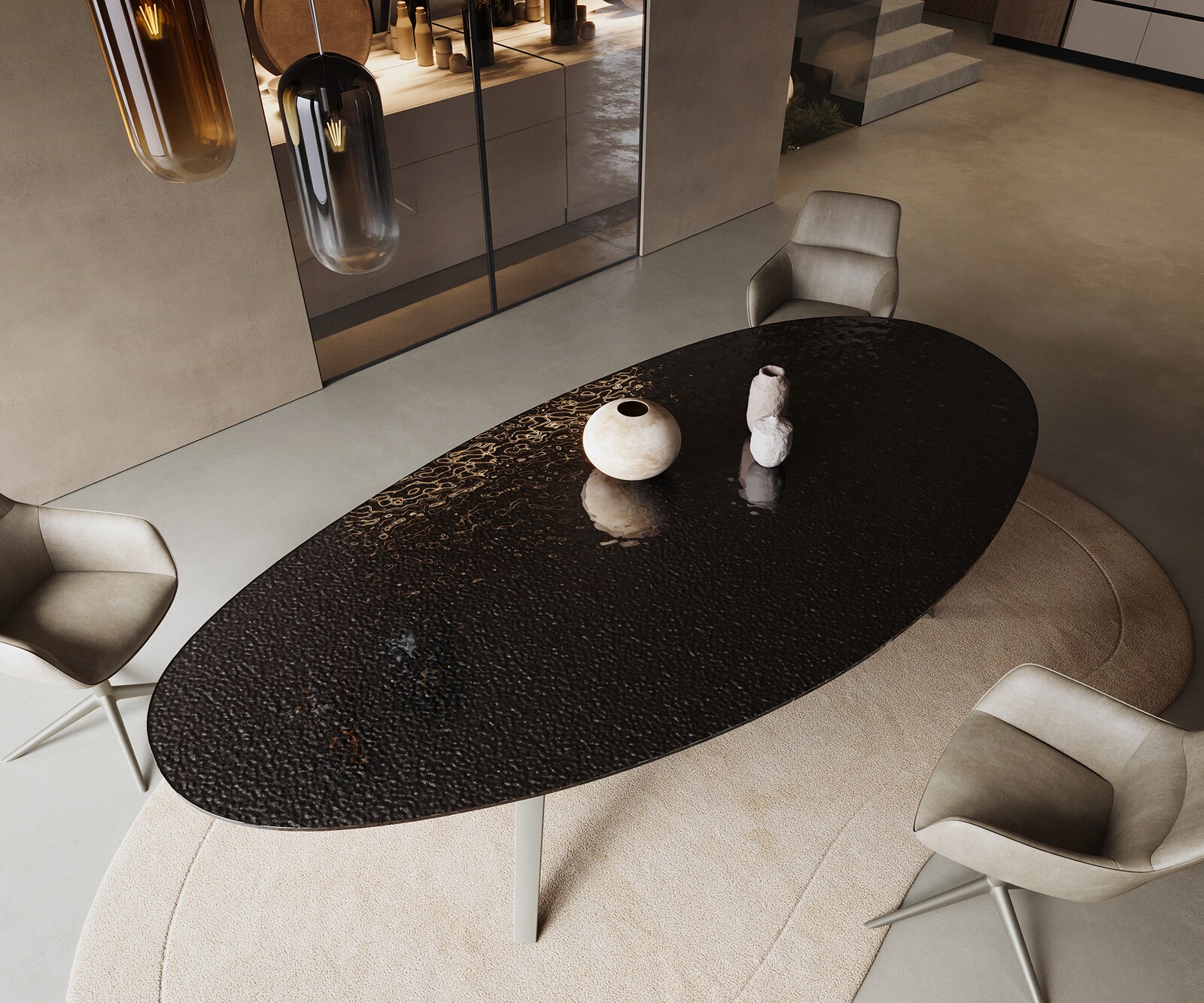 Esstisch Edge Oval 280x130 Reliefglas Rauchschwarz 3D-Design Zenthara kantig Metall Effektfinish Titan 3