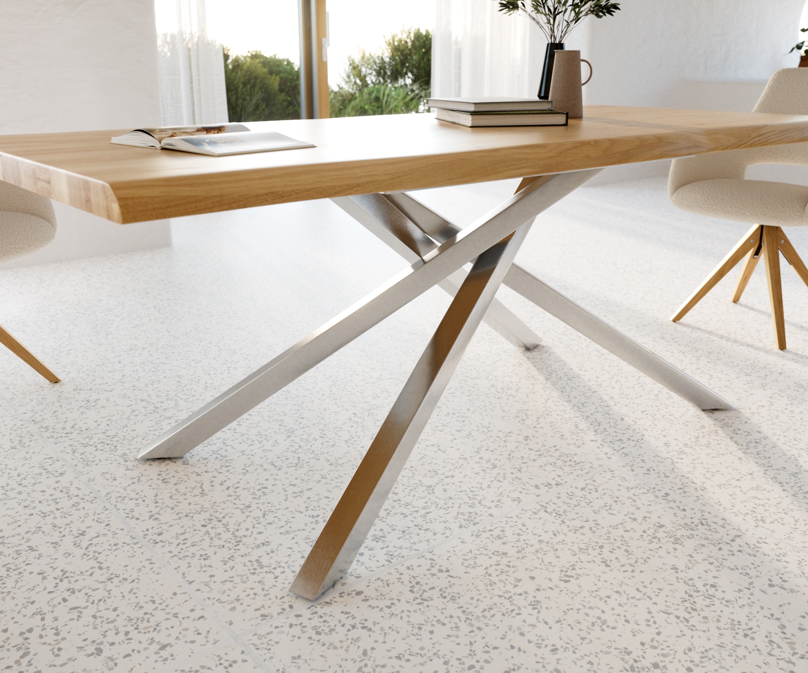 Esstisch Edge 200x100 Eiche Natur Kreuzgestell Rechteck Edelstahl Live-Edge 5 Esstisch Edge 200x100 Eiche Natur Kreuzgestell Rechteck Edelstahl Live-Edge 5