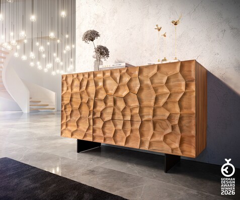 Sideboard Solu 145 cm Akazie Natur 2 Türen 3 Schübe Fuß schwebend Metall Schwarz 3D-Front