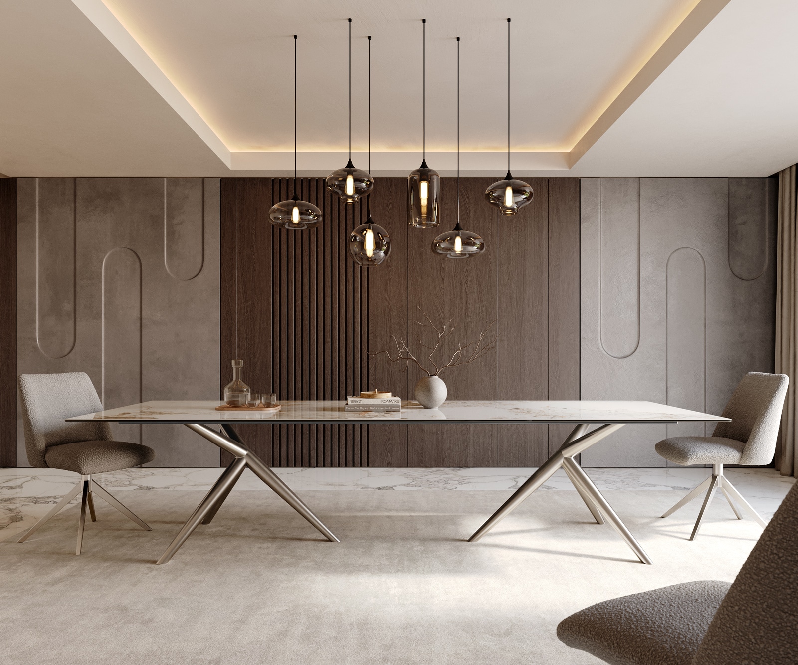 Esstisch Edge 300x100 Keramik Minas Melange Weiß-Beige Estelar rund Edelstahl 1