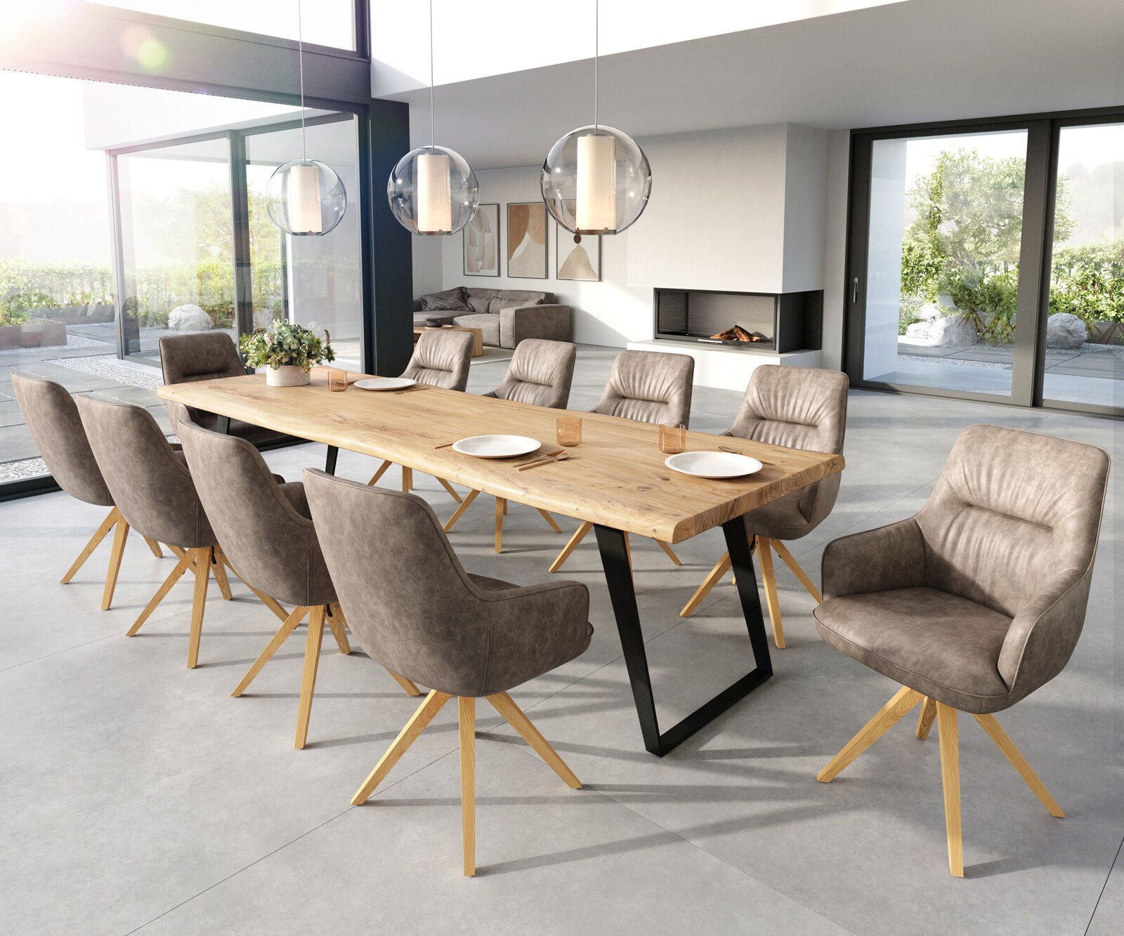 Esszimmerstuhl Zelia-Flex mit Armlehnen Mikrofaser Taupe Vintage Holzgestell kantig Natur Taschenfederkern 3