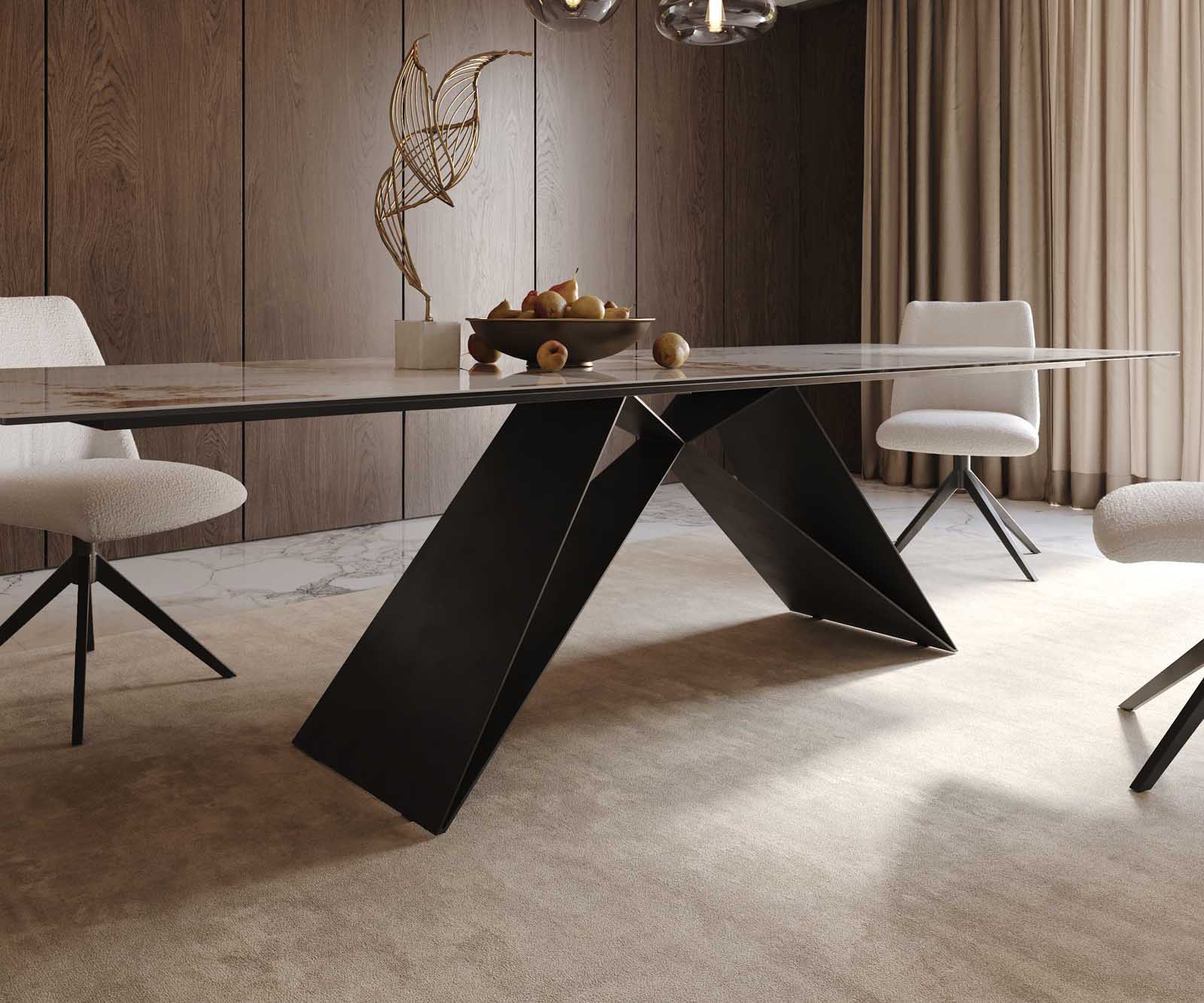 Esstisch Edge 300x100 Keramik Minas Melange Weiß-Beige V-Gestell Flachstahl Schwarz 7