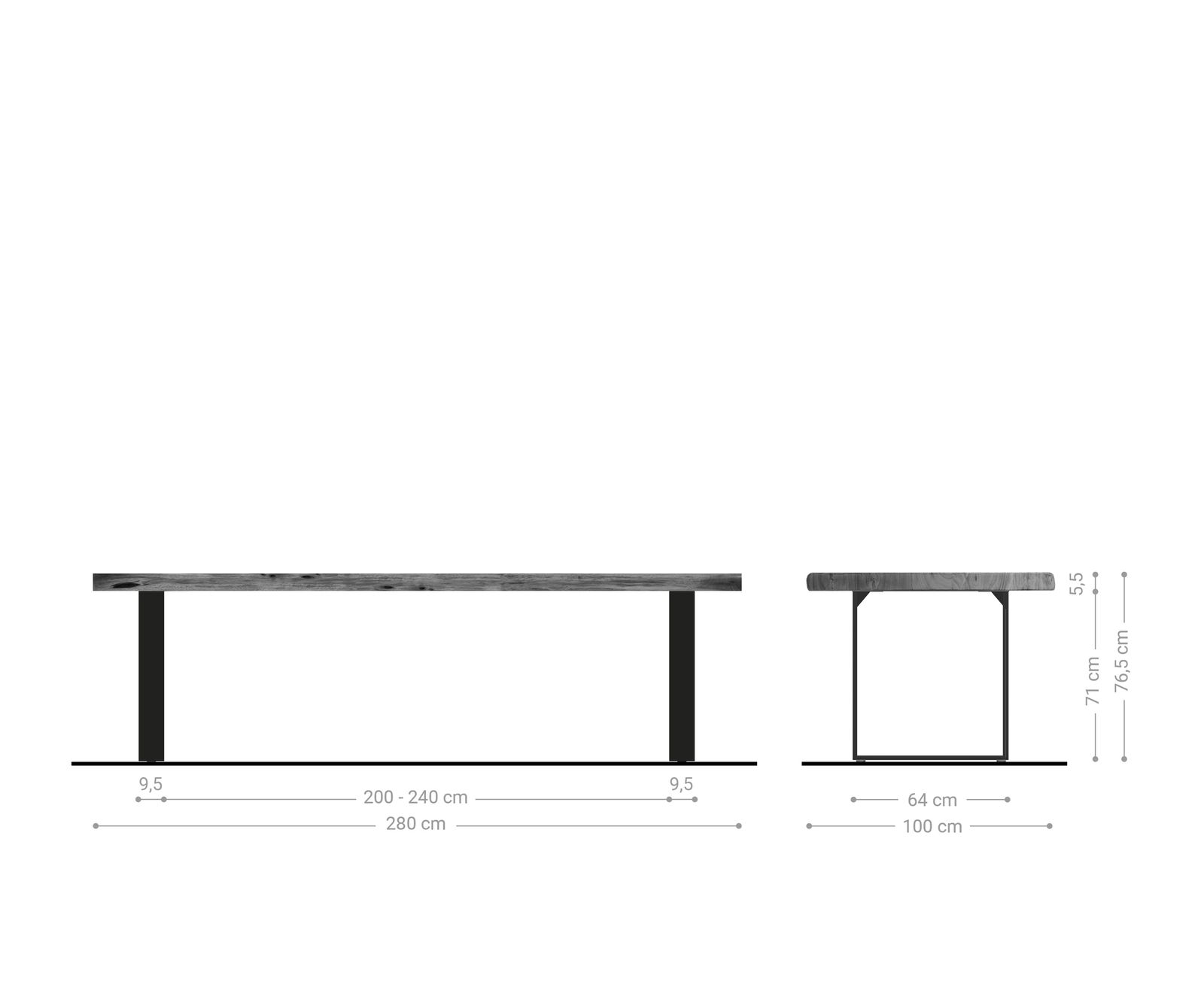 Esstisch Edge 280x100cm XL Akazie Natur Edelstahl schmal Live-Edge 6