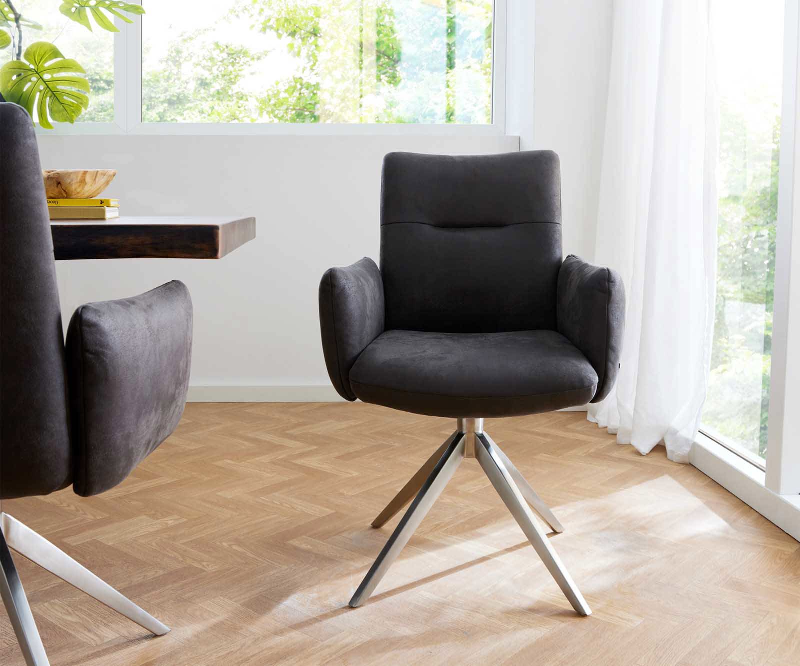 Drehstuhl Jova-Flex mit Armlehnen Mikrofaser Anthrazit Vintage Kreuzgestell breit Edelstahl 360° drehbar Taschenfederkern 1