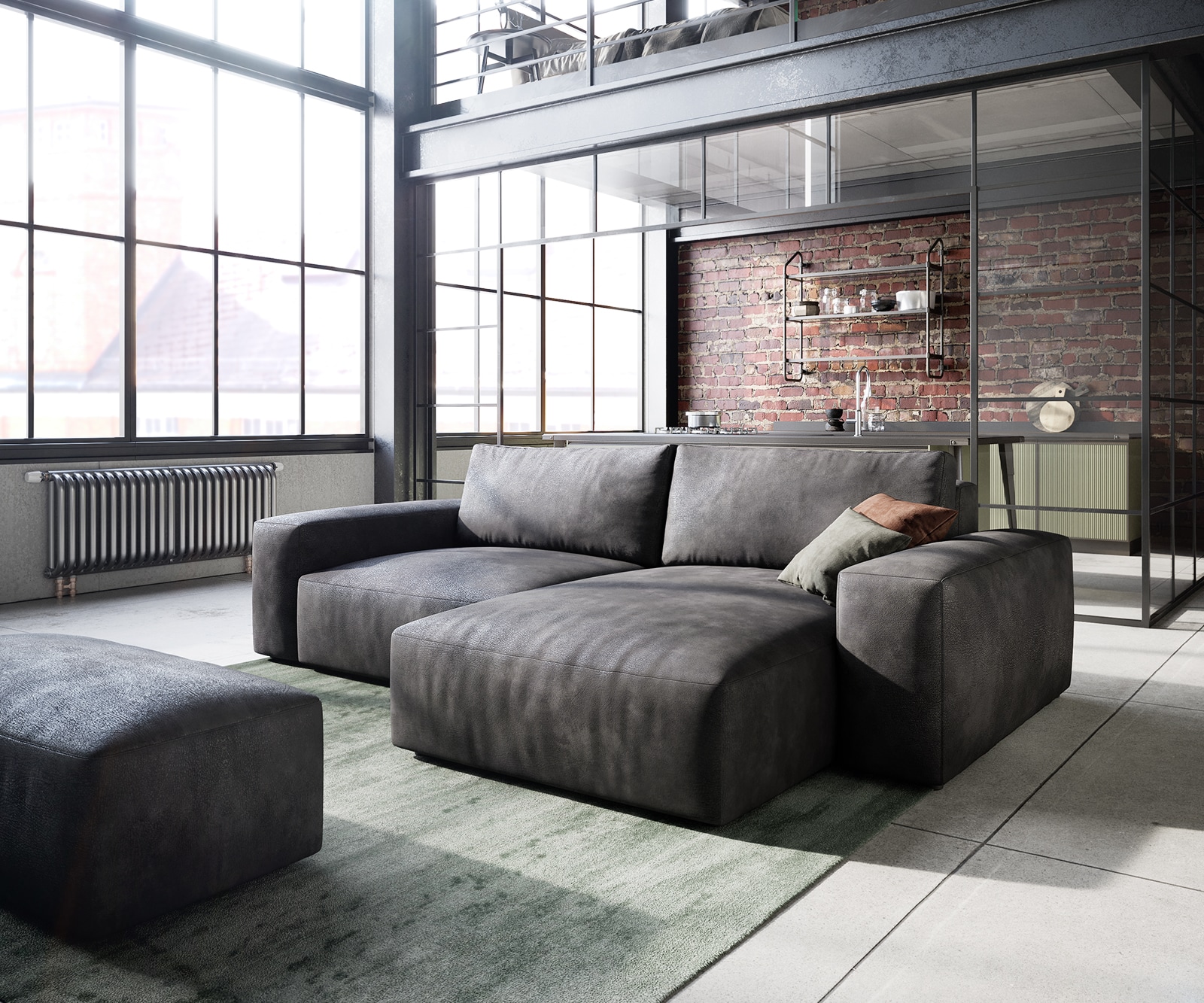 Delife Ecksofa Lanzo 230x155 Cm Lederimitat Vintage Anthrazit Recamiere Variabel Mit Hocker
