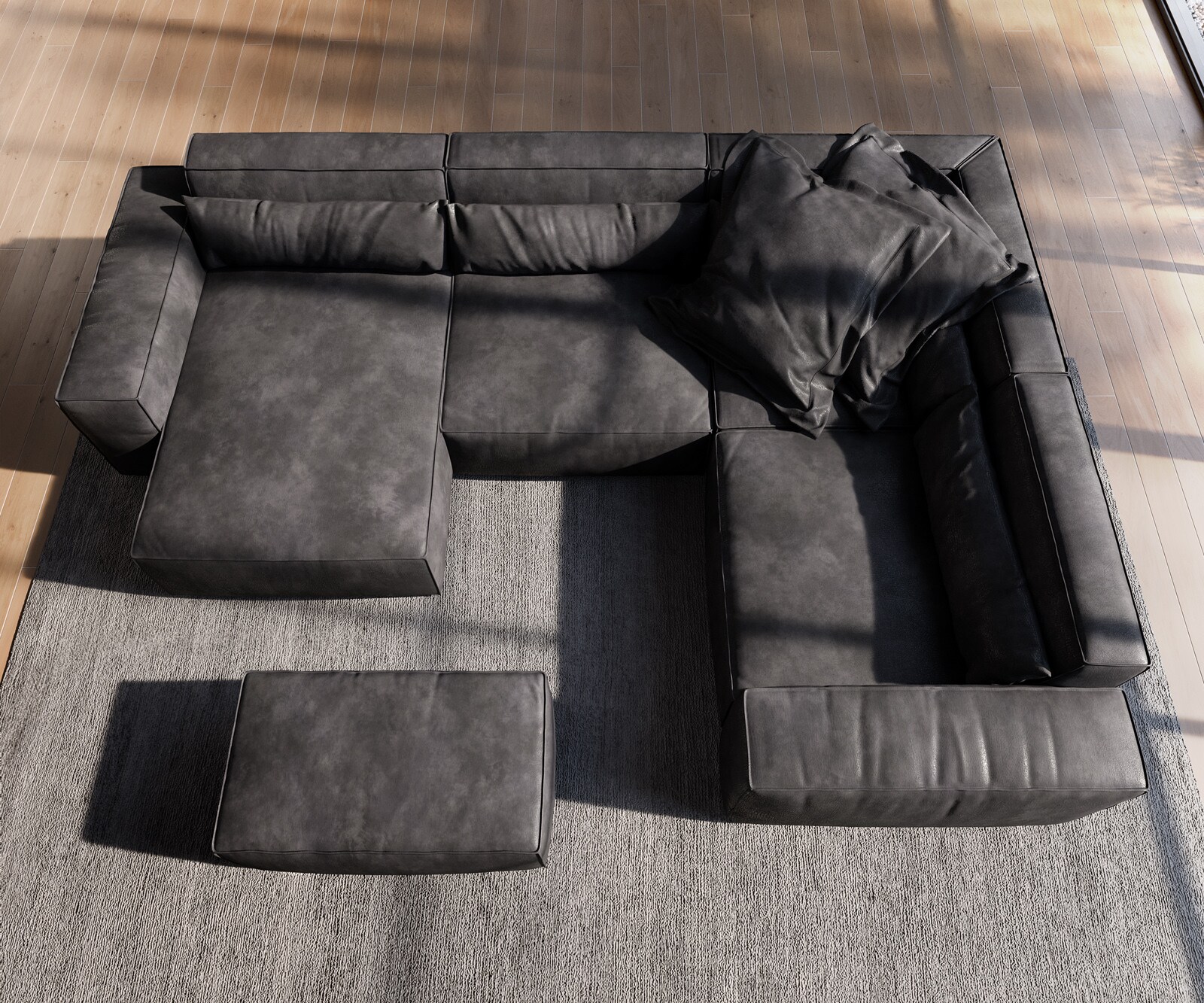 Wohnlandschaft Sirpio 300x210 cm Lederimitat Vintage Anthrazit Recamiere variabel mit Hocker 4