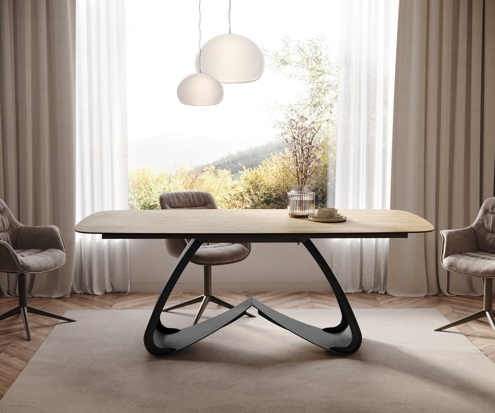 Esstisch Edge Boot 200x100 Keramik Laminam® Sabbia Eichefarbig W-Gestell Metall Schwarz 2