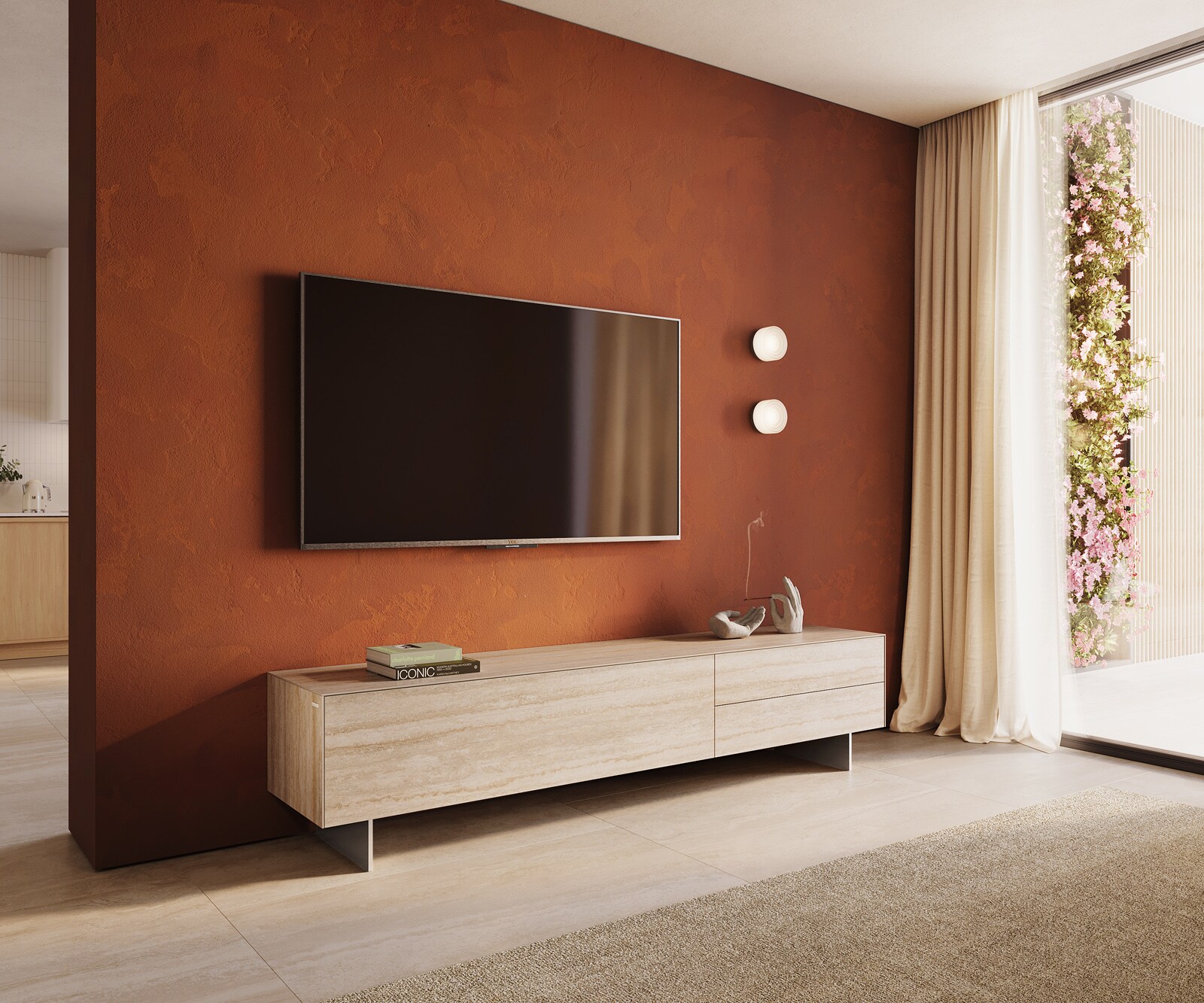 Lowboard Cuor 220 cm Keramik Laminam® Travertino Bianco Creme-Weiß 1 Klappe 2 Schubfächer Fuß Schwebeoptik Edelstahl 1