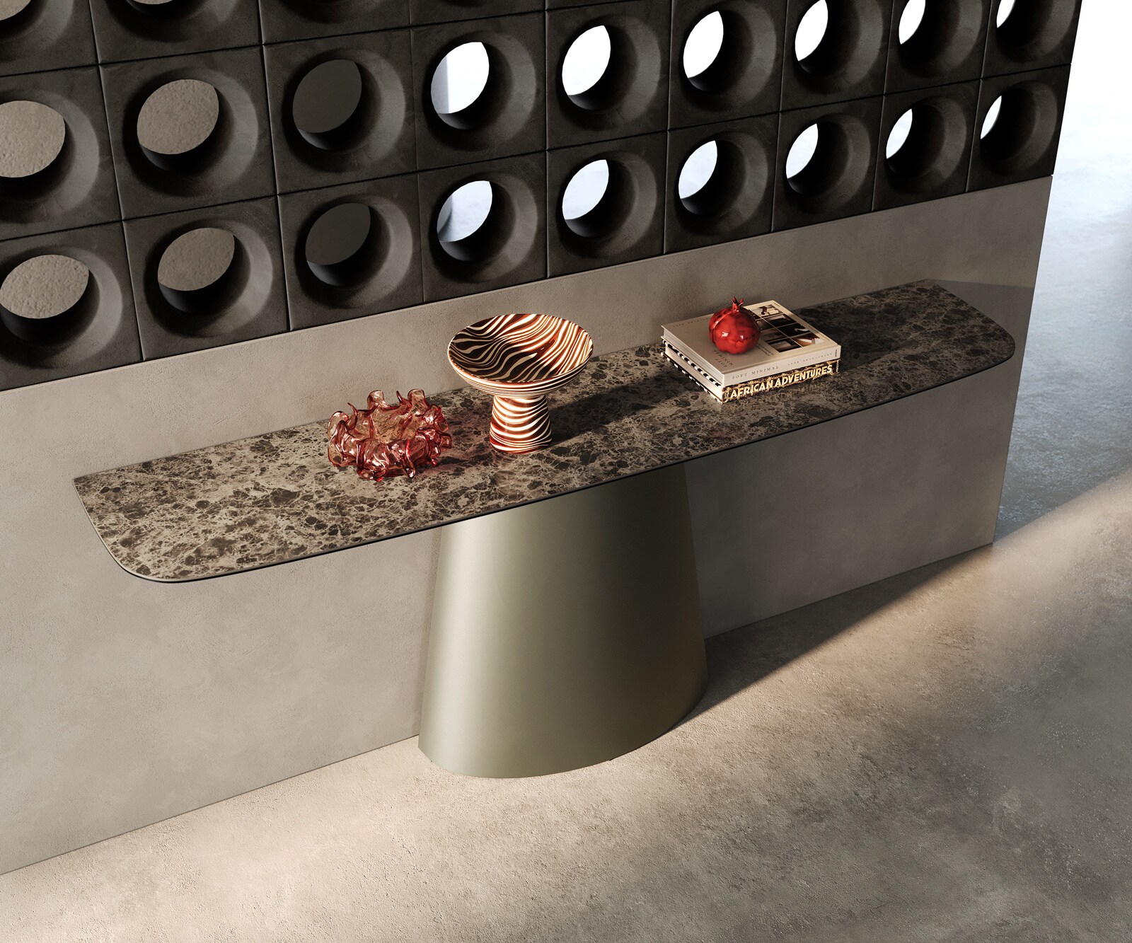 Konsolentisch Edge Boot 180x40 cm Keramik Emperador Extra Lucidato Dunkelbraun Conos Metall Effektfinish Titan 1