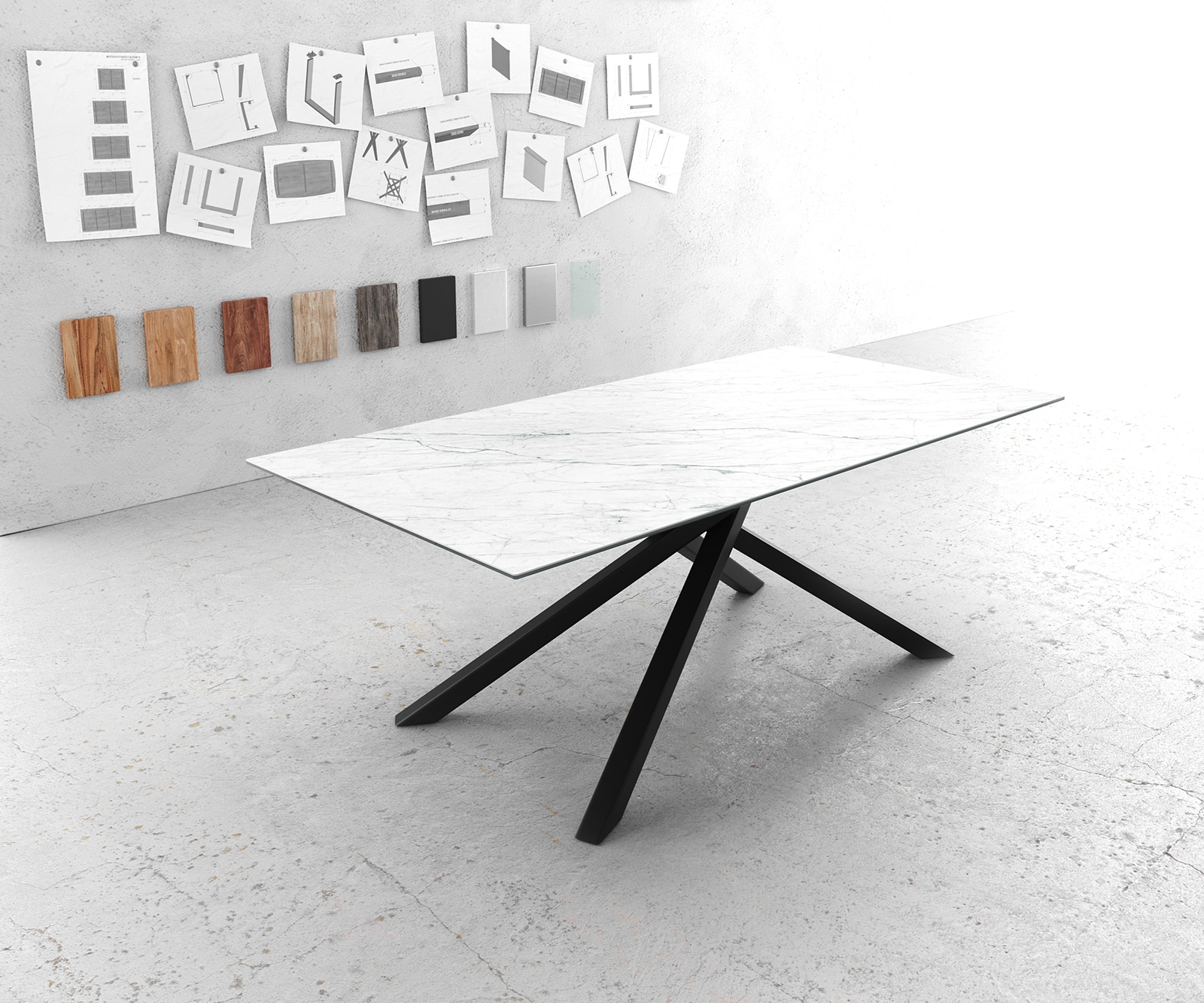 Esstisch Edge 200x100cm Keramik Laminam®Statuarietto Weiß Mittelfuß Kreuz Schwarz Esstisch Edge 200x100cm Keramik Laminam®Statuarietto Weiß Mittelfuß Kreuz Schwarz