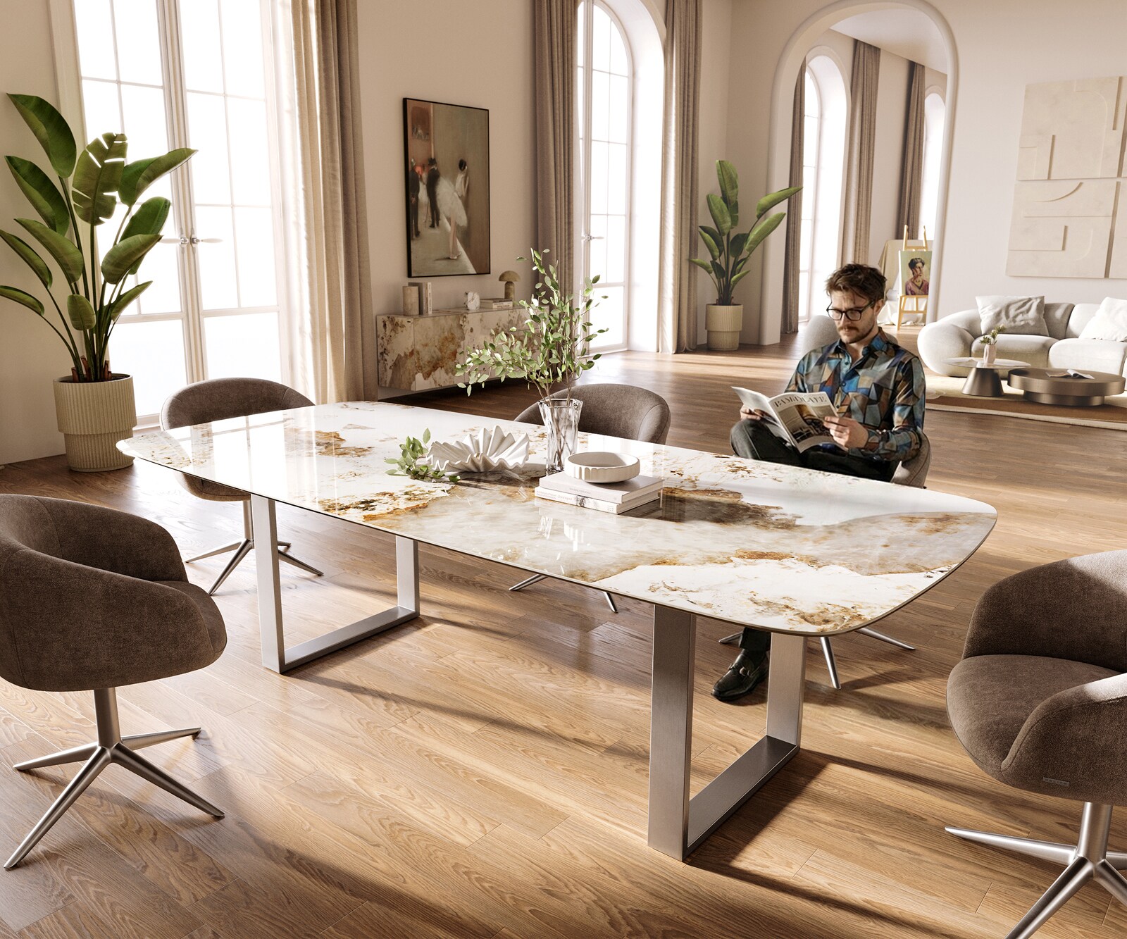 Esstisch Edge Boot 260x120 cm Keramik Minas Melange Weiß-Beige Edelstahl Schmal 1