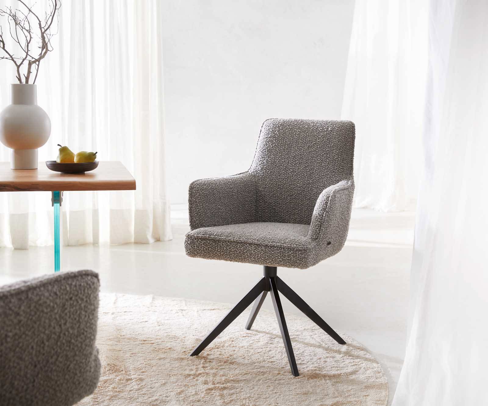 Drehstuhl Heira-Flex mit Armlehnen Bouclé Silbergrau Kreuzgestell breit Schwarz 360° drehbar Taschenfederkern 1