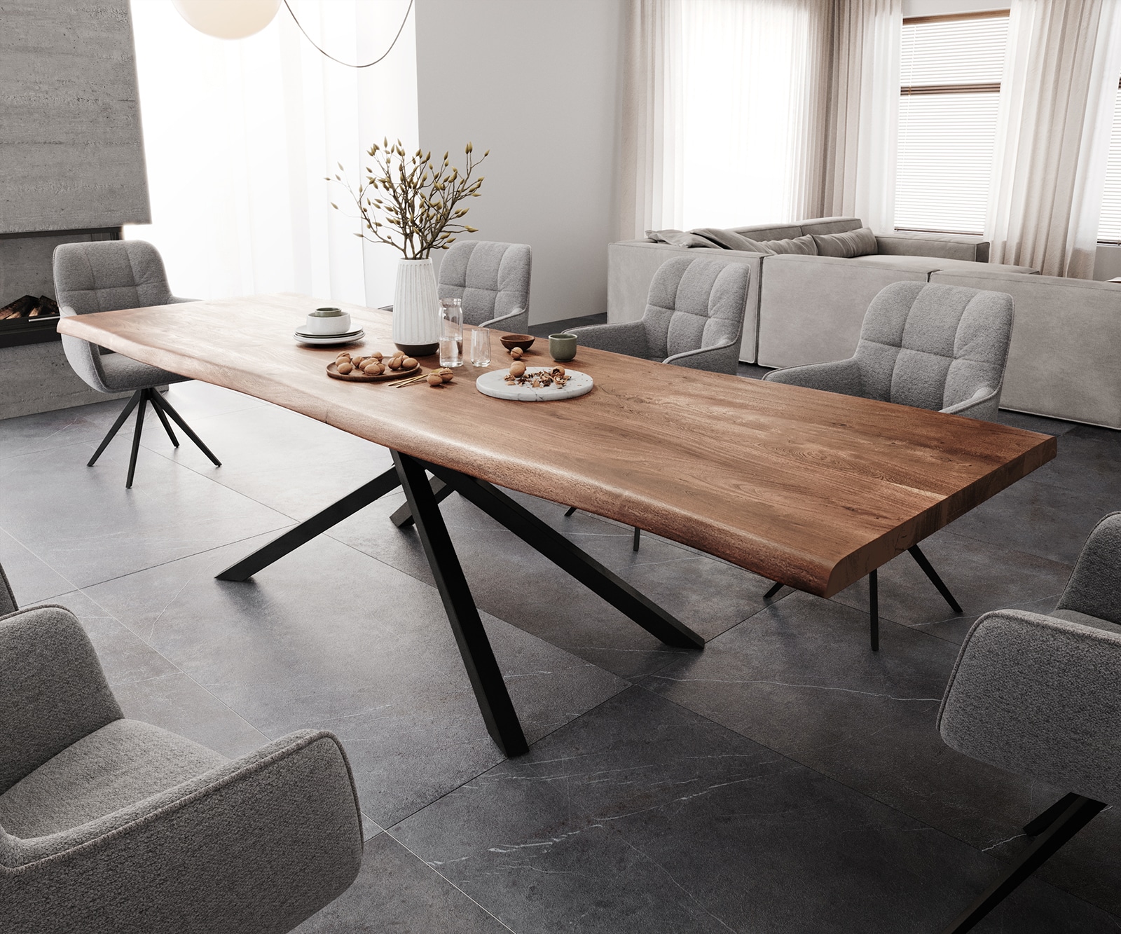 Esstisch Edge 300x100 XL Akazie Braun Kreuzgestell Rechteck Schwarz Live-Edge 1