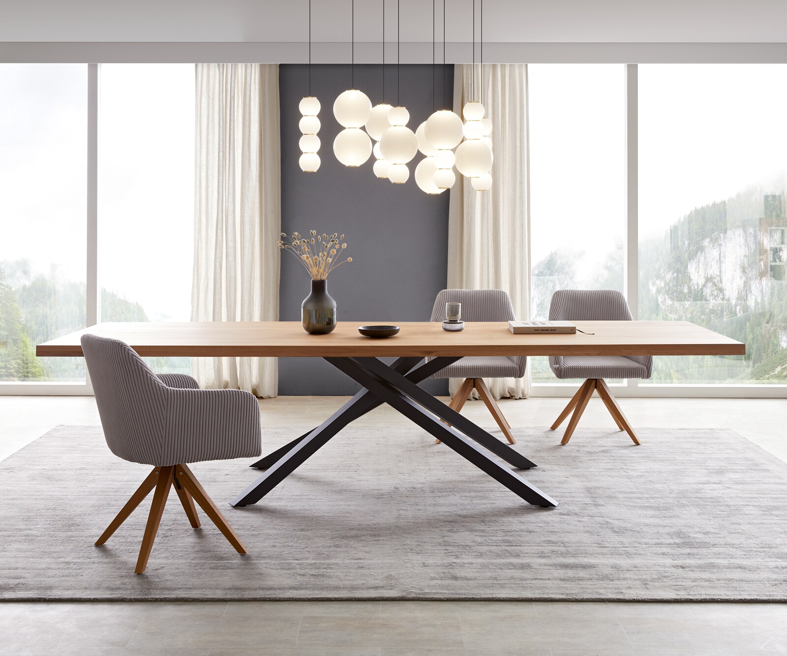 Table de salle à manger Edge Chêne Naturel Cadre croisé Rectangle Noir