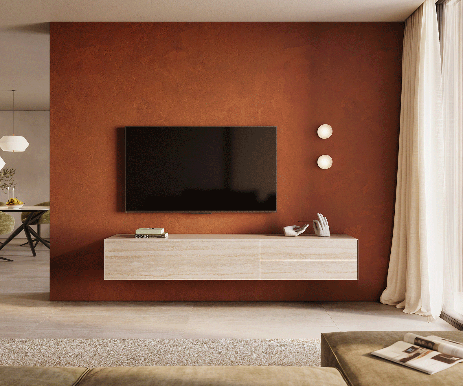 Lowboard Cuor 220 cm Keramik Laminam® Travertino Bianco Creme-Weiß 1 Klappe 2 Schubfächer Schwebend 2