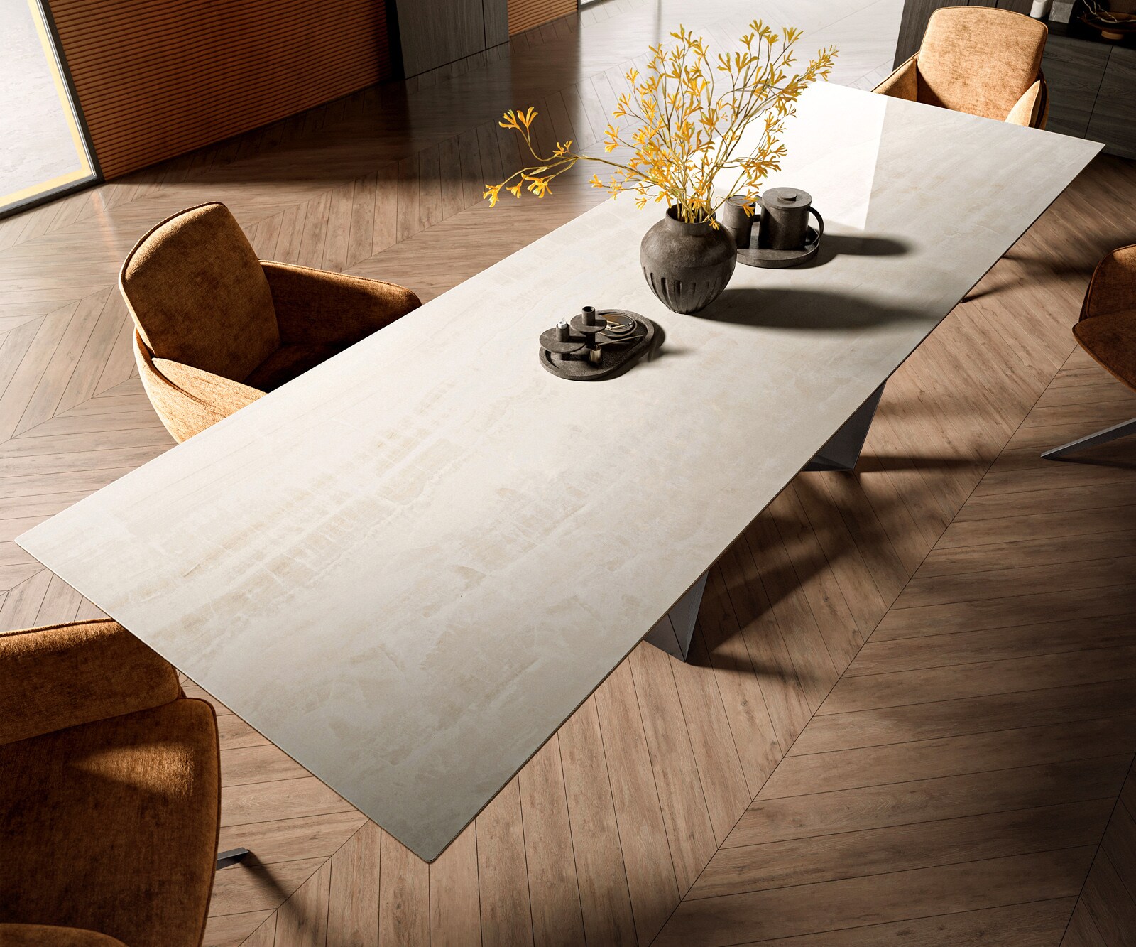 Esstisch Edge 300x100 cm Keramik Onyx Champagne Spider Flachstahl Edelstahl Graphit 3