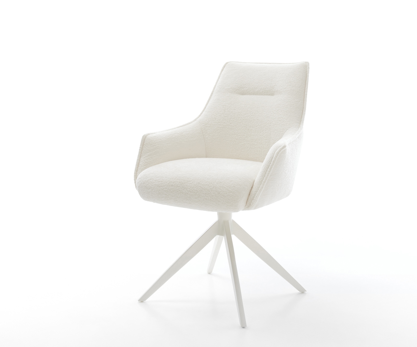 Drehstuhl Alja-Flex mit Armlehnen Bouclé Soft Beige Kreuzgestell breit Weiß 360° drehbar Wippfunktion Taschenfederkern