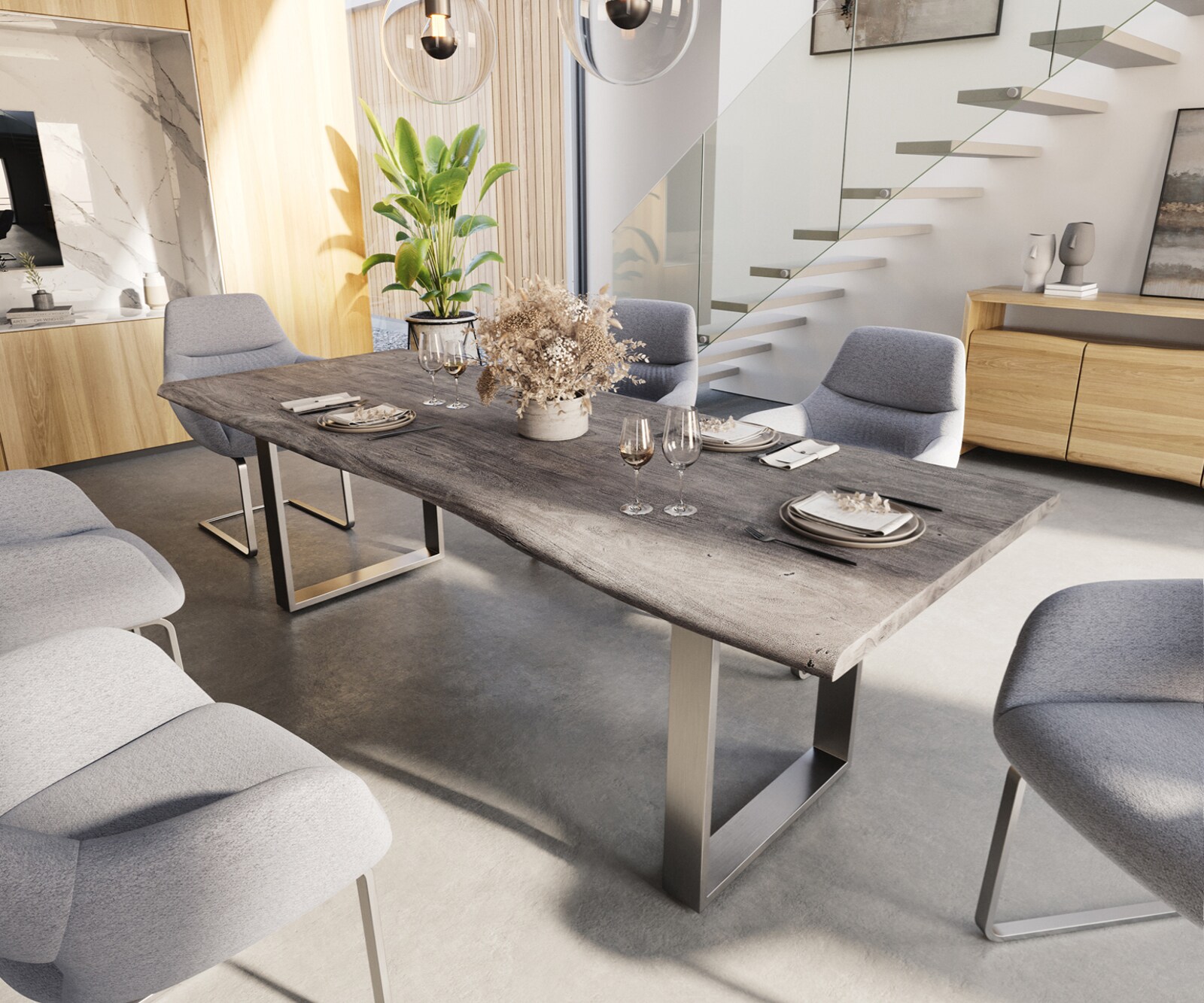 Esstisch Edge 240x100cm Akazie Platin Edelstahl schmal Live-Edge