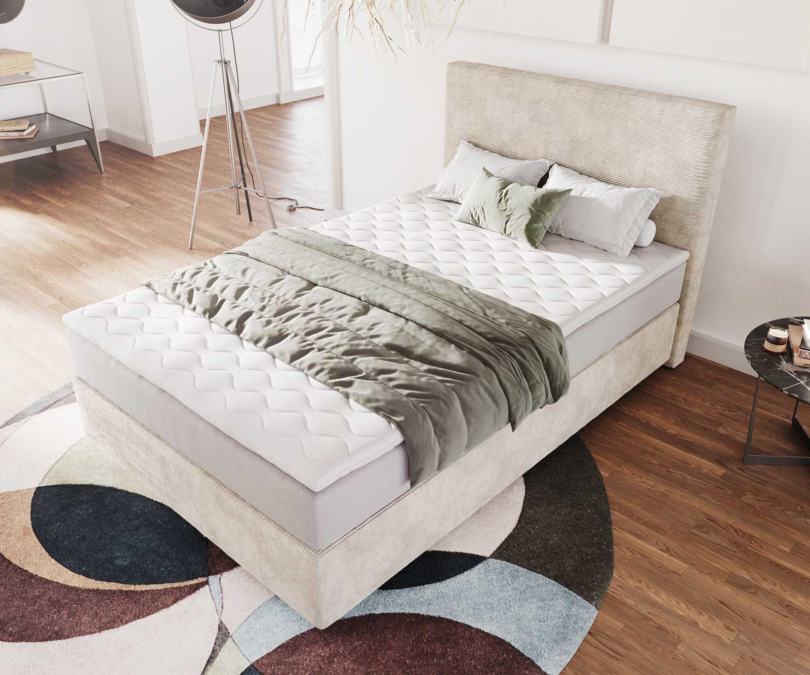 Boxspringbett Dream-Well 120x200 cm Cord Beige mit Taschenfederkernmatratze und Topper Visco 3