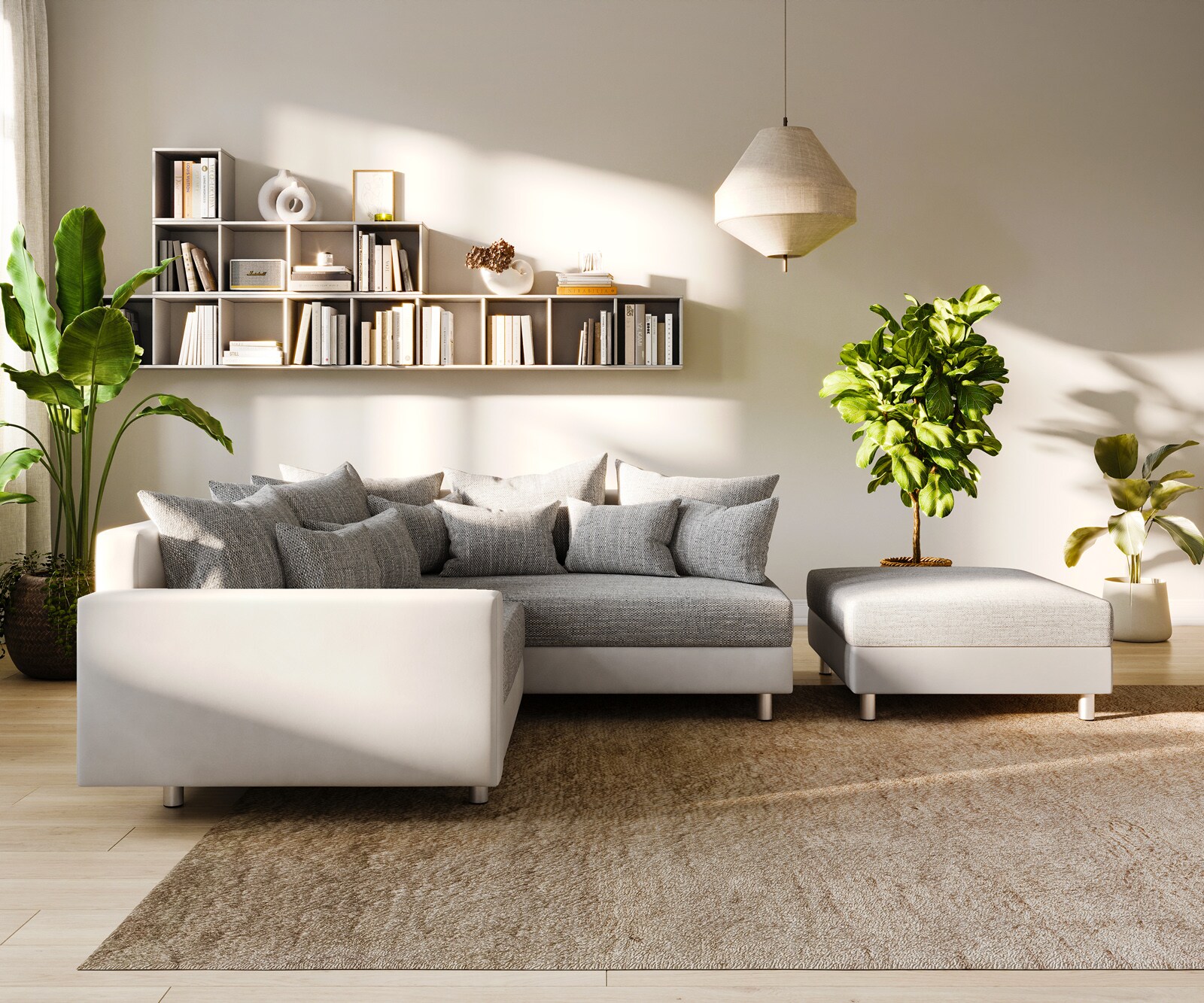 Ecksofa Clovis Weiss Hellgrau modular Hocker Armlehne Ottomane Rechts 3