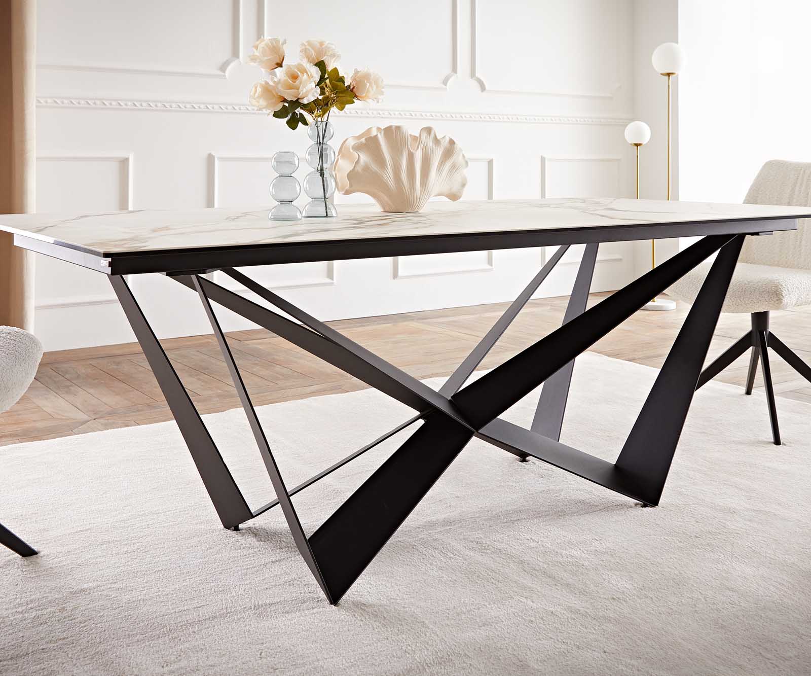 Esstisch Edge 200x100 Keramik Calacatta Luxe Weiß-Gold-Grau Spider Flachstahl Schwarz 6