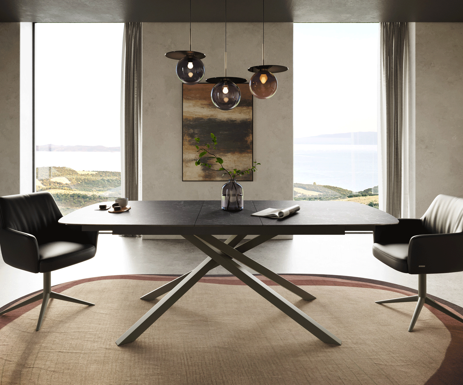 Esstisch Edge Boot 180-220x100 cm Keramik Laminam® Nero Greco Anthrazit Kreuzgestell Rechteck Effektfinish Titan ausziehbar 2