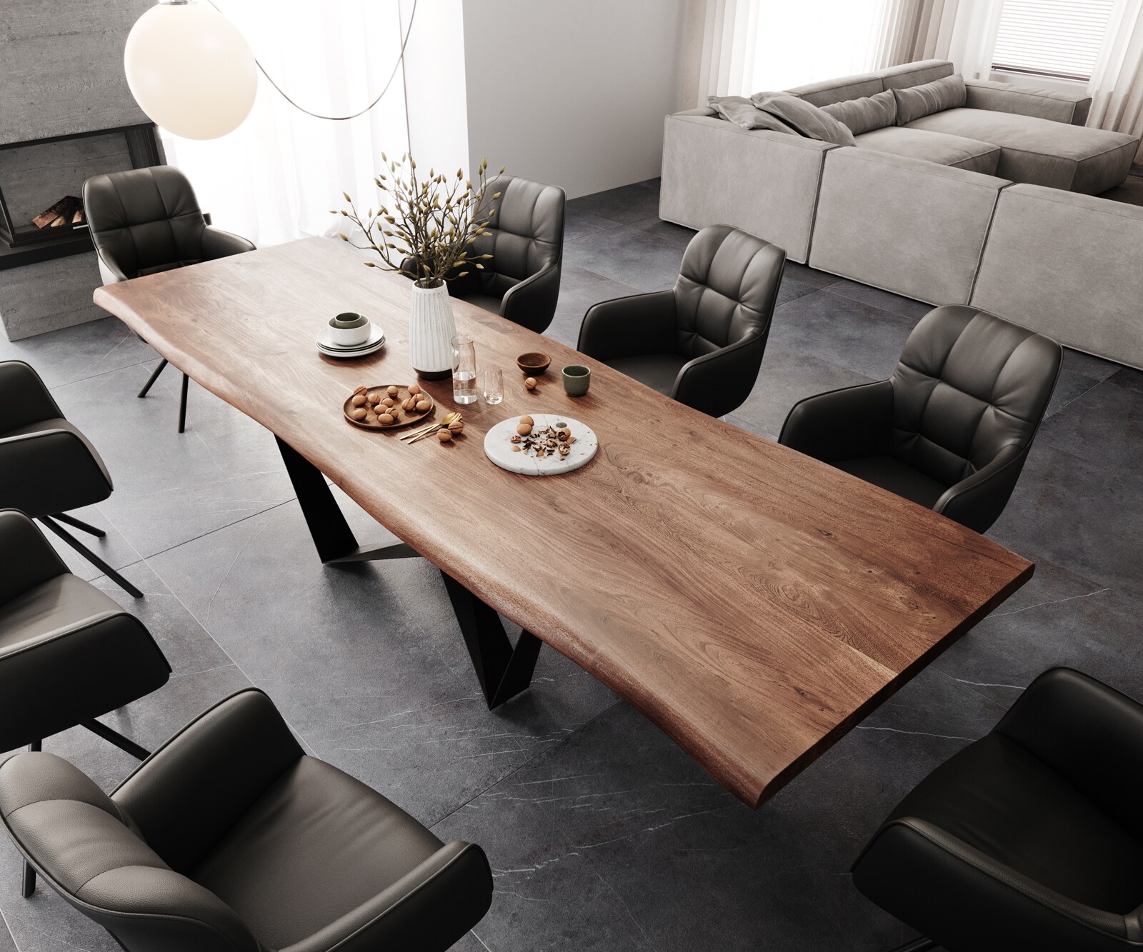 Esstisch Edge 300x100 XL Akazie Braun Spider Flachstahl Schwarz Live-Edge 3