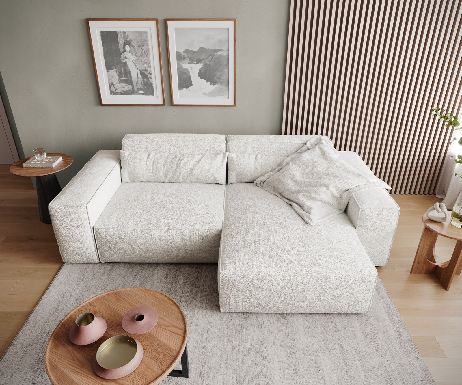 Ecksofa Sirpio 230x155 cm Bouclé Creme-Weiß Recamiere variabel 5