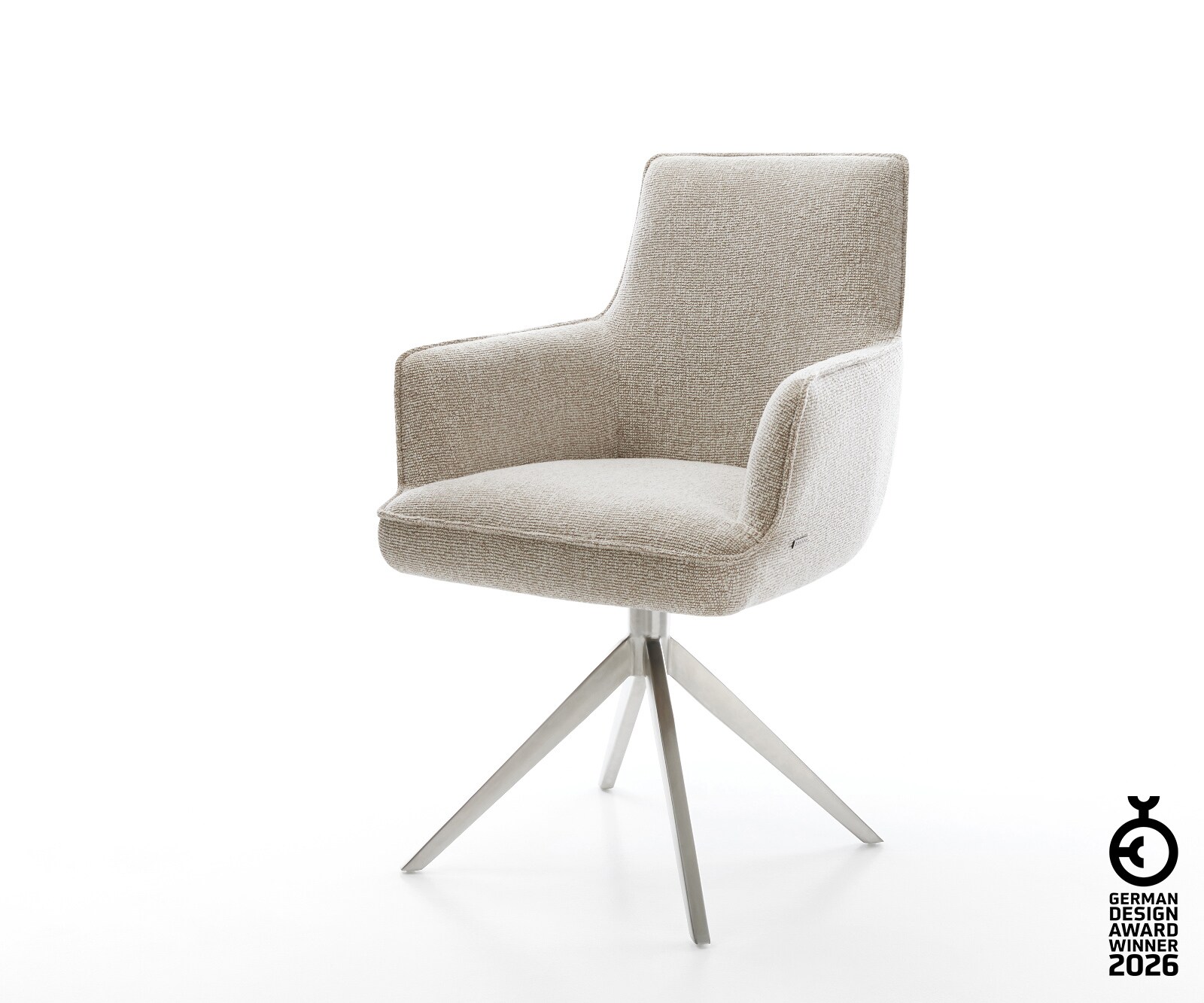 Drehstuhl Heira-Flex mit Armlehnen Webstoff Soft Beige Kreuzgestell breit Edelstahl 360° drehbar Wippfunktion Taschenfederkern
