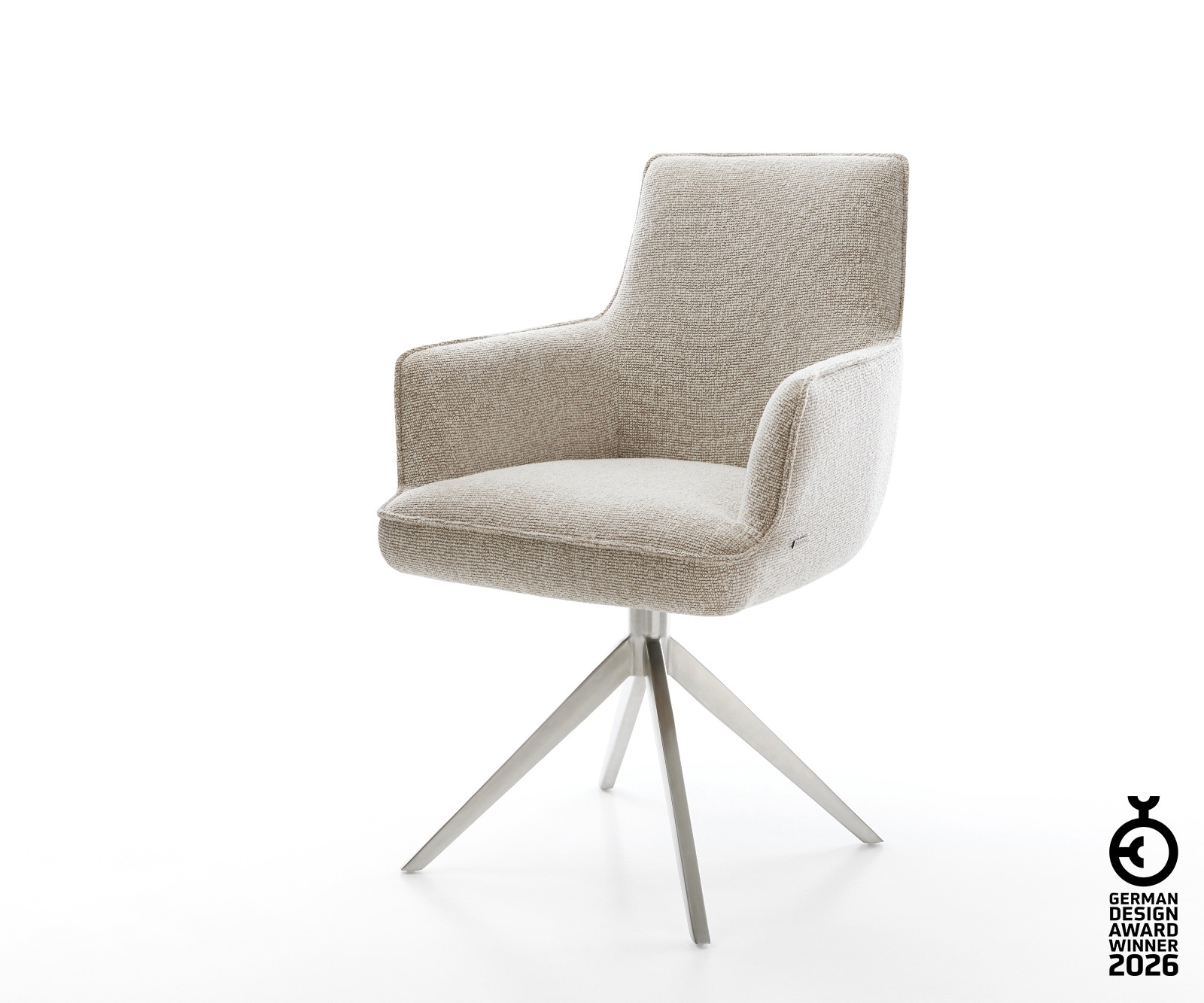 Drehstuhl Heira-Flex mit Armlehnen Webstoff Soft Beige Kreuzgestell breit Edelstahl 360° drehbar Wippfunktion Taschenfederkern