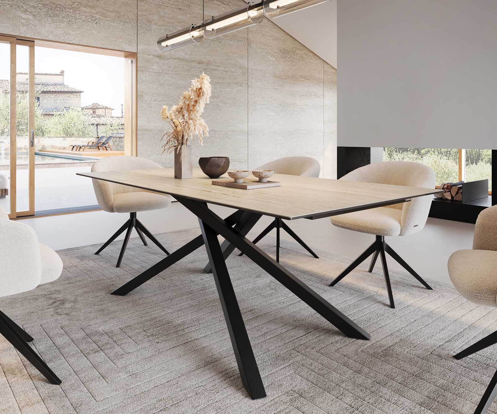 Esstisch Edge 200x100 Keramik Travertin Natur Kreuzgestell Rechteck Schwarz 6