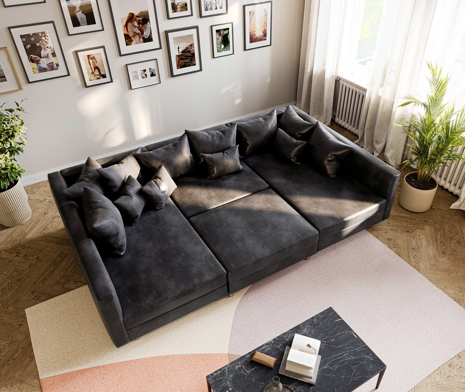 Wohnlandschaft Clovis Anthrazit Antik Optik modular Hocker  4