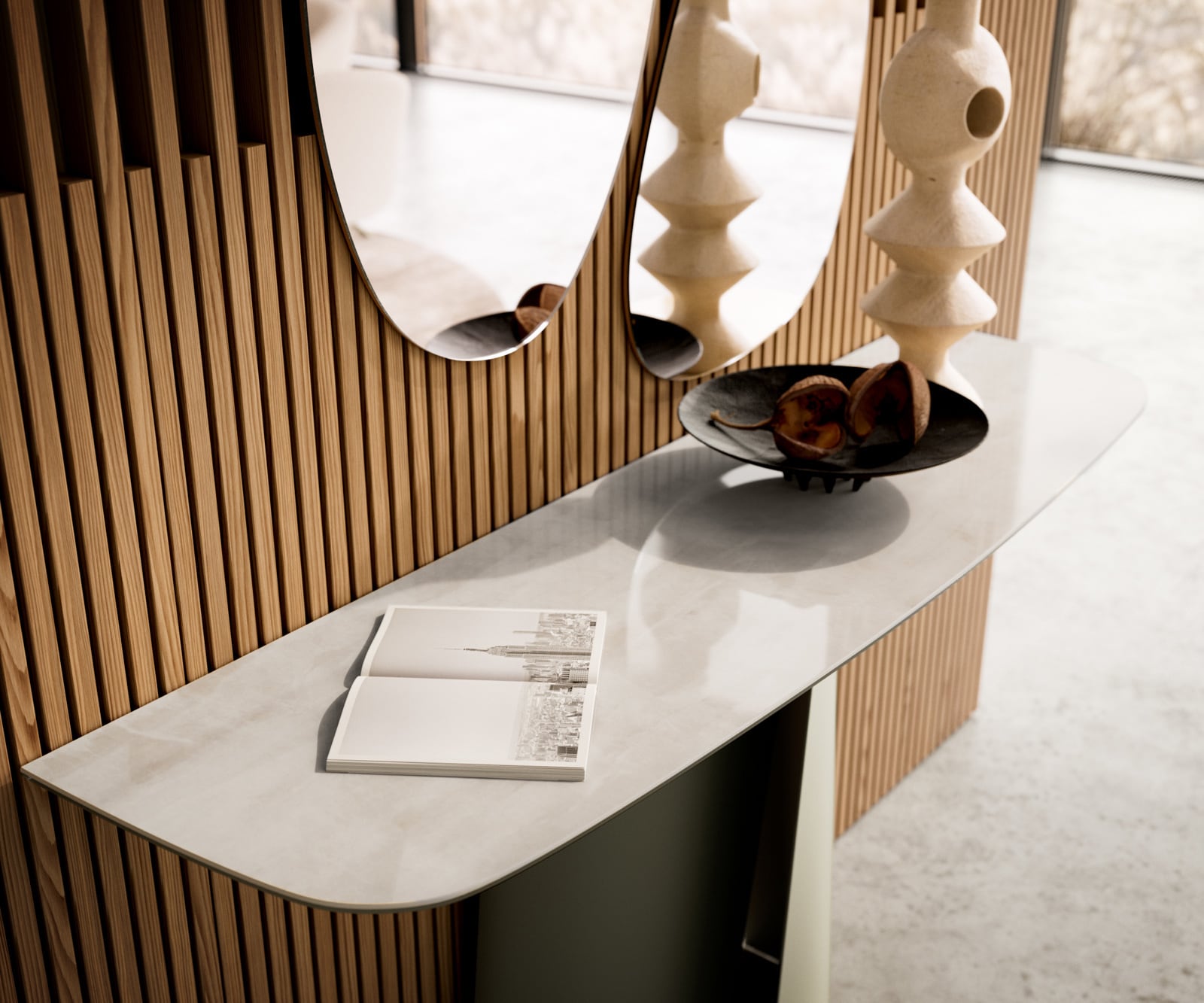 Konsolentisch Edge Boot 140x40 cm Keramik Onyx Champagne Livos Metall Effektfinish Titan 6