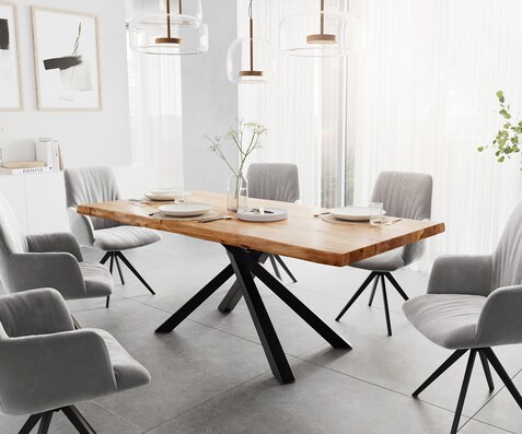 Esstisch Edge 200x100 XL Akazie Natur Kreuzgestell Rechteck Schwarz Live-Edge