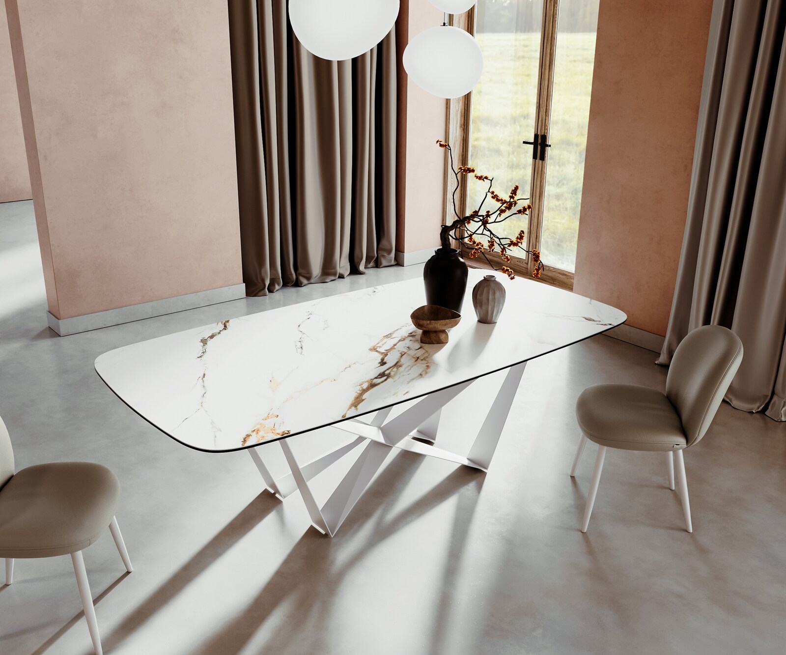 Esstisch Edge Boot 240x120 cm Keramik Calacatta Luxe Weiß-Gold-Grau Spider Metall Weiß 2