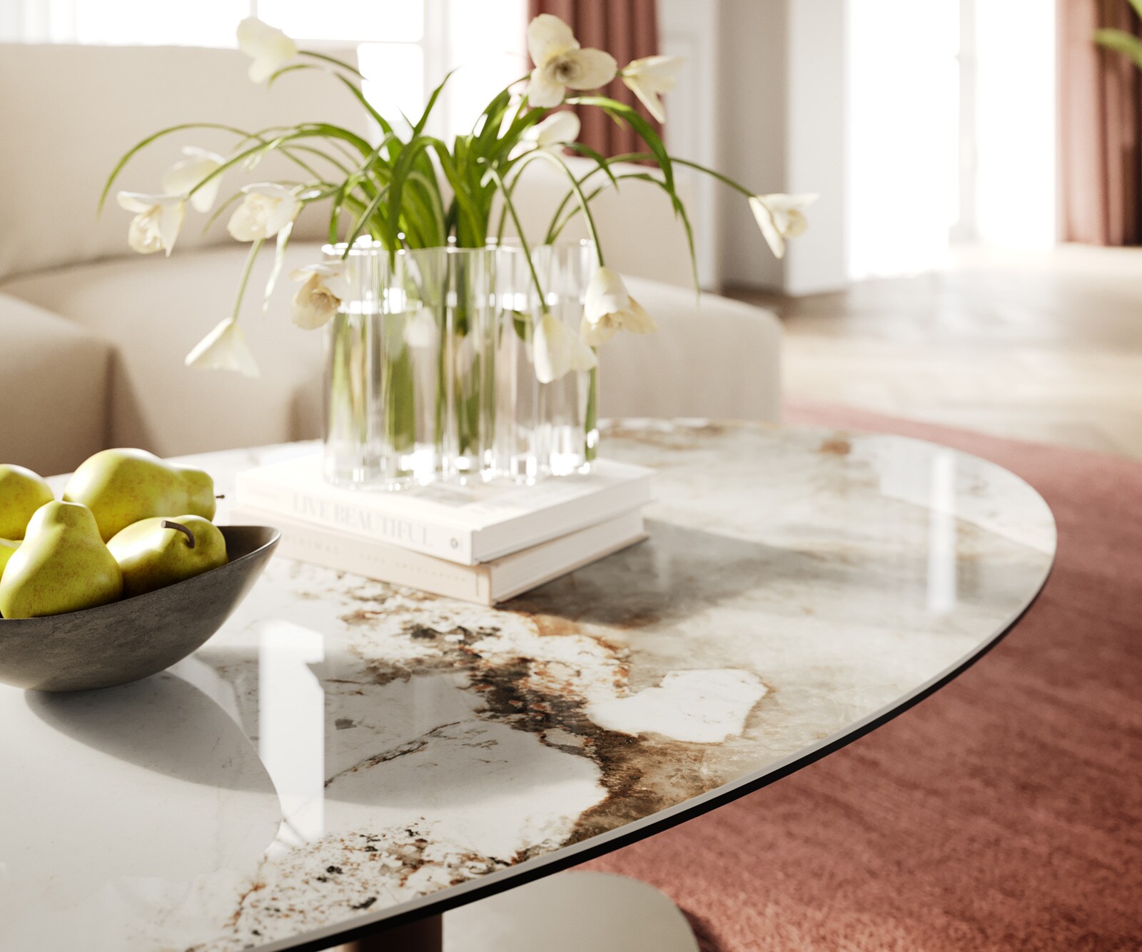 Couchtisch Edge Oval 140x80 cm Keramik Minas Melange Vibany Metall Effektfinish Titan 6