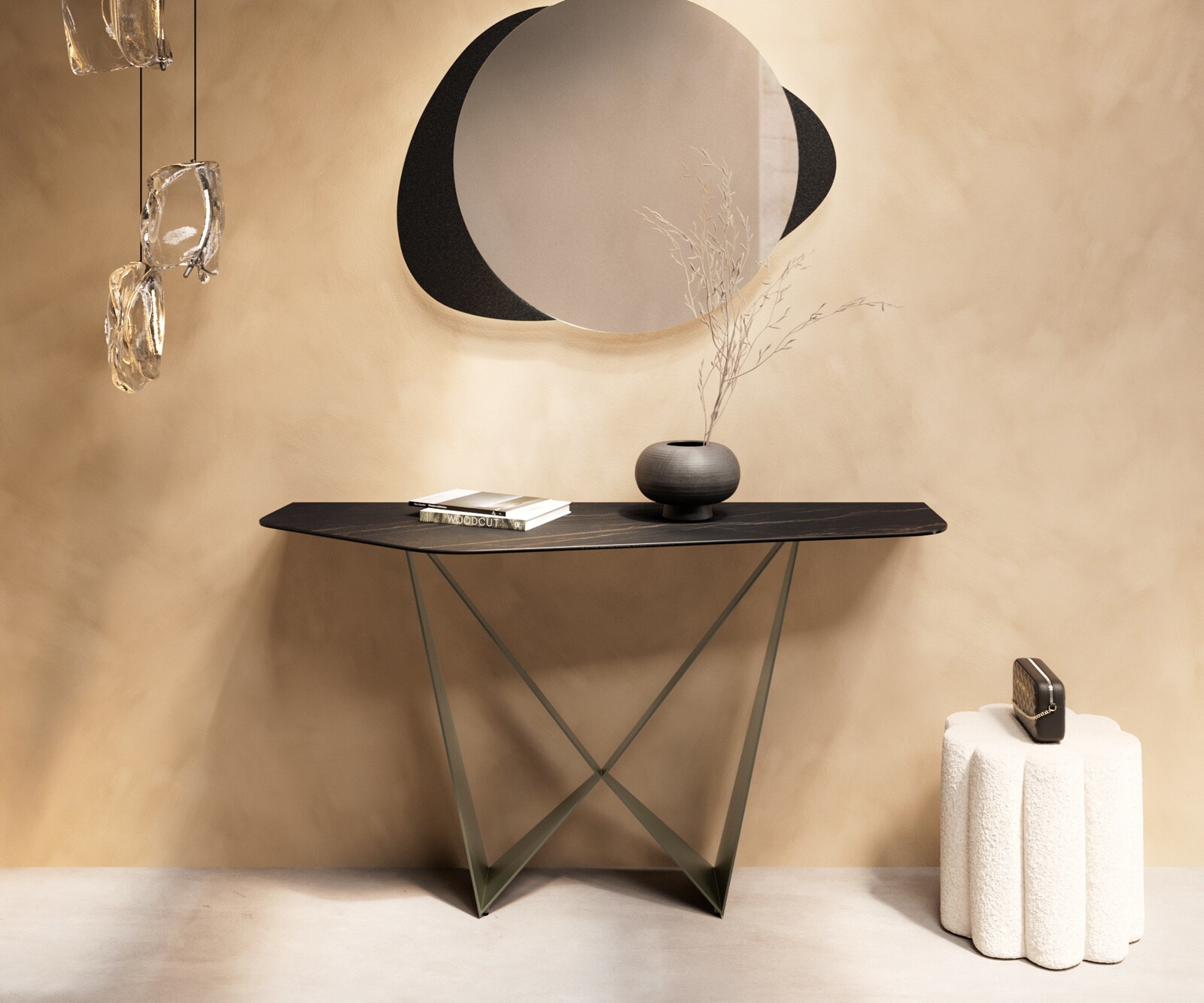 Konsolentisch Edge Polygonal 140x50 cm Keramik Laminam® Noir Desir Braun Spios Metall Effektfinish Titan 4
