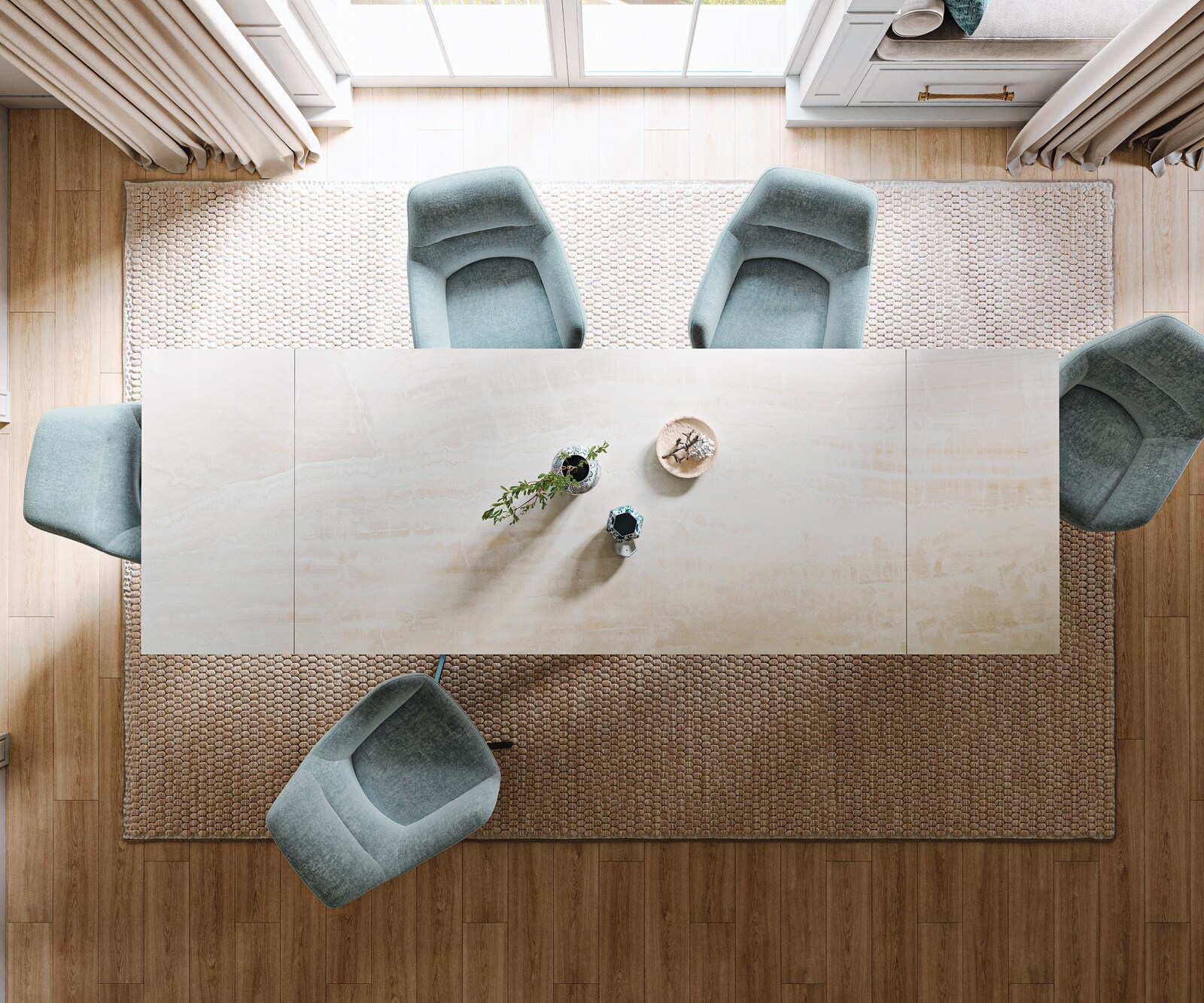 Esstisch Edge 200-300x100 cm Keramik Onyx Champagne Kreuzgestell Rechteck Edelstahl Graphit ausziehbar 6