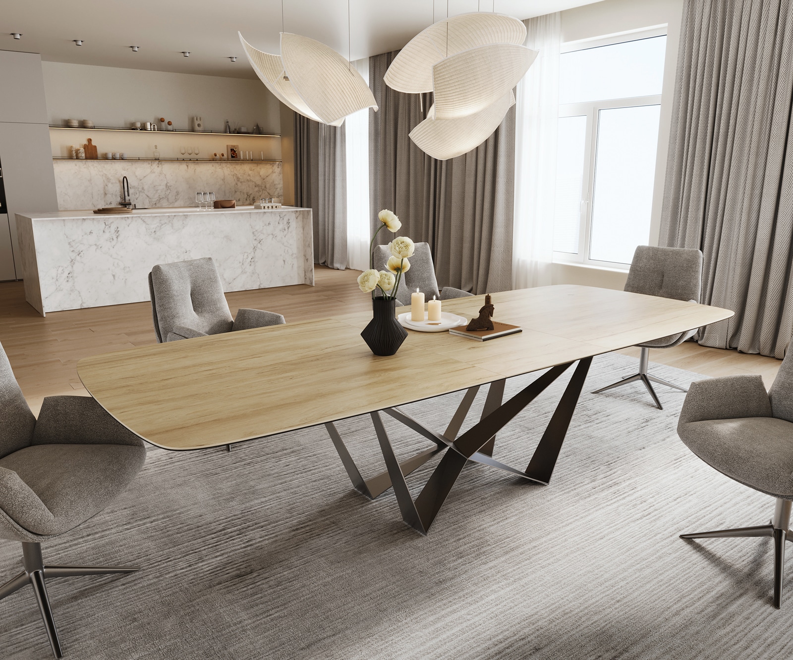 Esstisch Edge Boot 240-300x120 cm Keramik Laminam® Sabbia Eichefarbig Spider Flachstahl Edelstahl ausziehbar