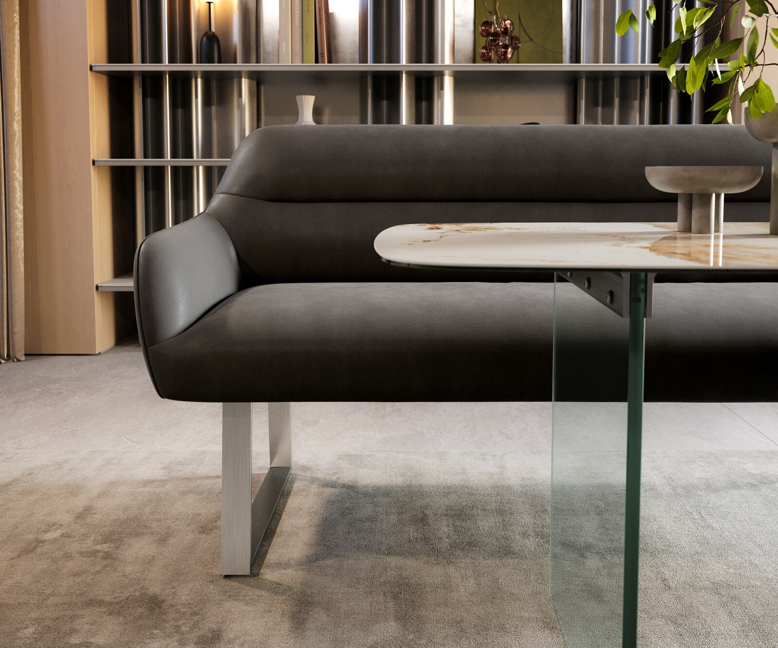 Esszimmerbank Taya-Flex 200 cm Mikrofaser Anthrazit Vintage Kufengestell kantig Edelstahl Taschenfederkern 1