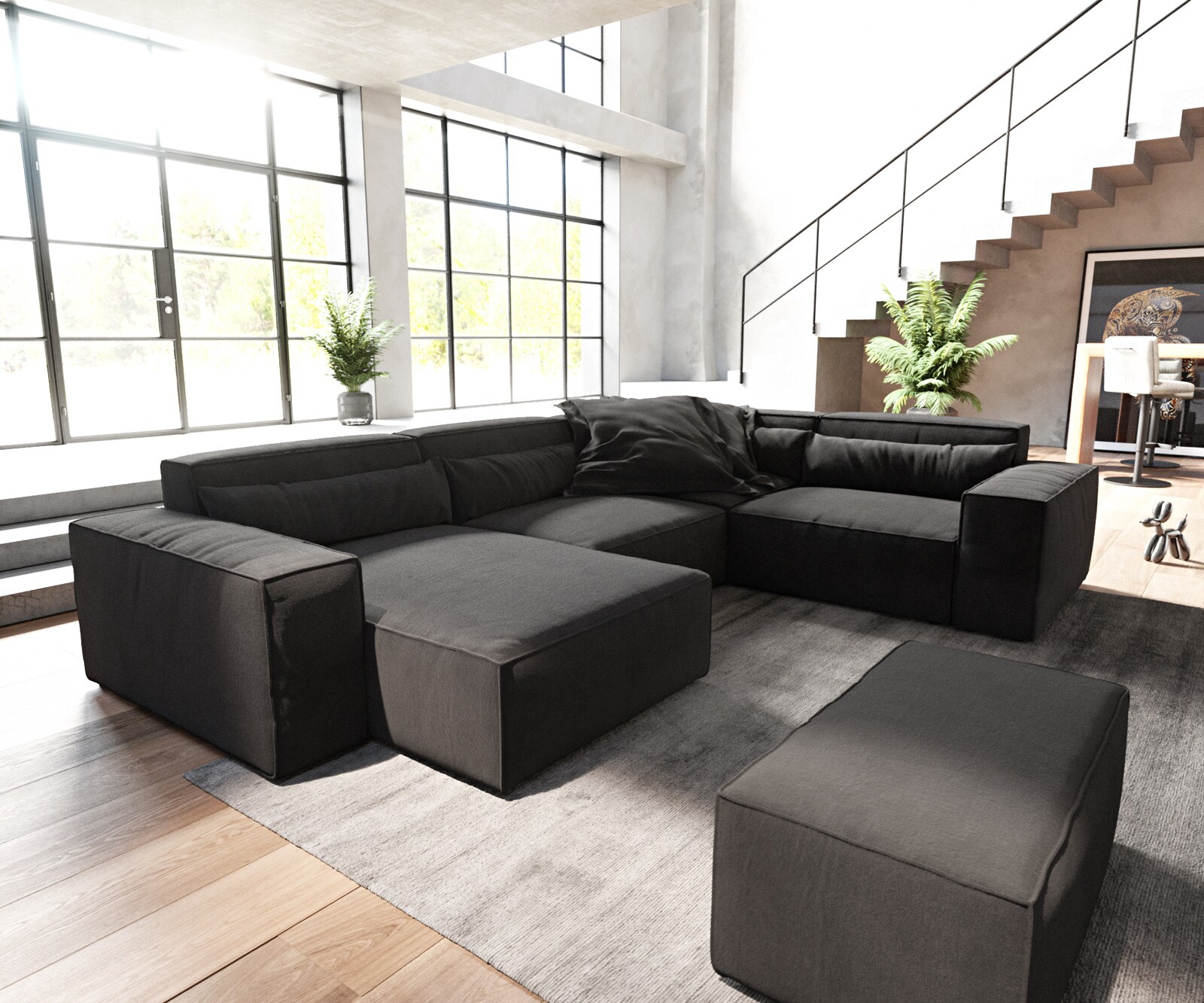 Wohnlandschaft Sirpio 300x210 cm Mikrofaser Schwarz Recamiere variabel mit Hocker 1