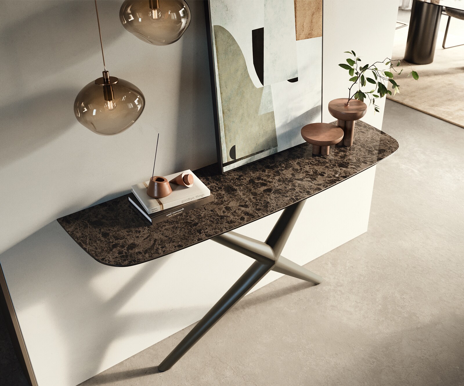 Konsolentisch Edge Boot 140x40 cm Keramik Emperador Extra Lucidato Dunkelbraun Estelo Metall Effektfinish Titan 1