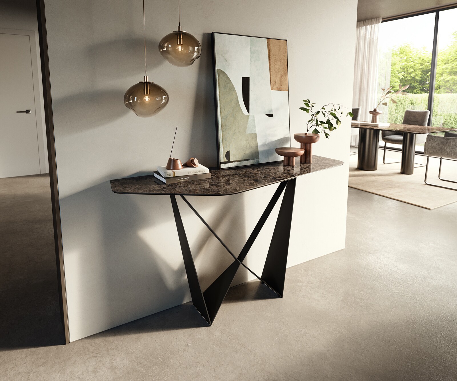 Konsolentisch Edge Polygonal 140x50 cm Keramik Emperador Extra Lucidato Dunkelbraun Spios Metall Schwarz 3