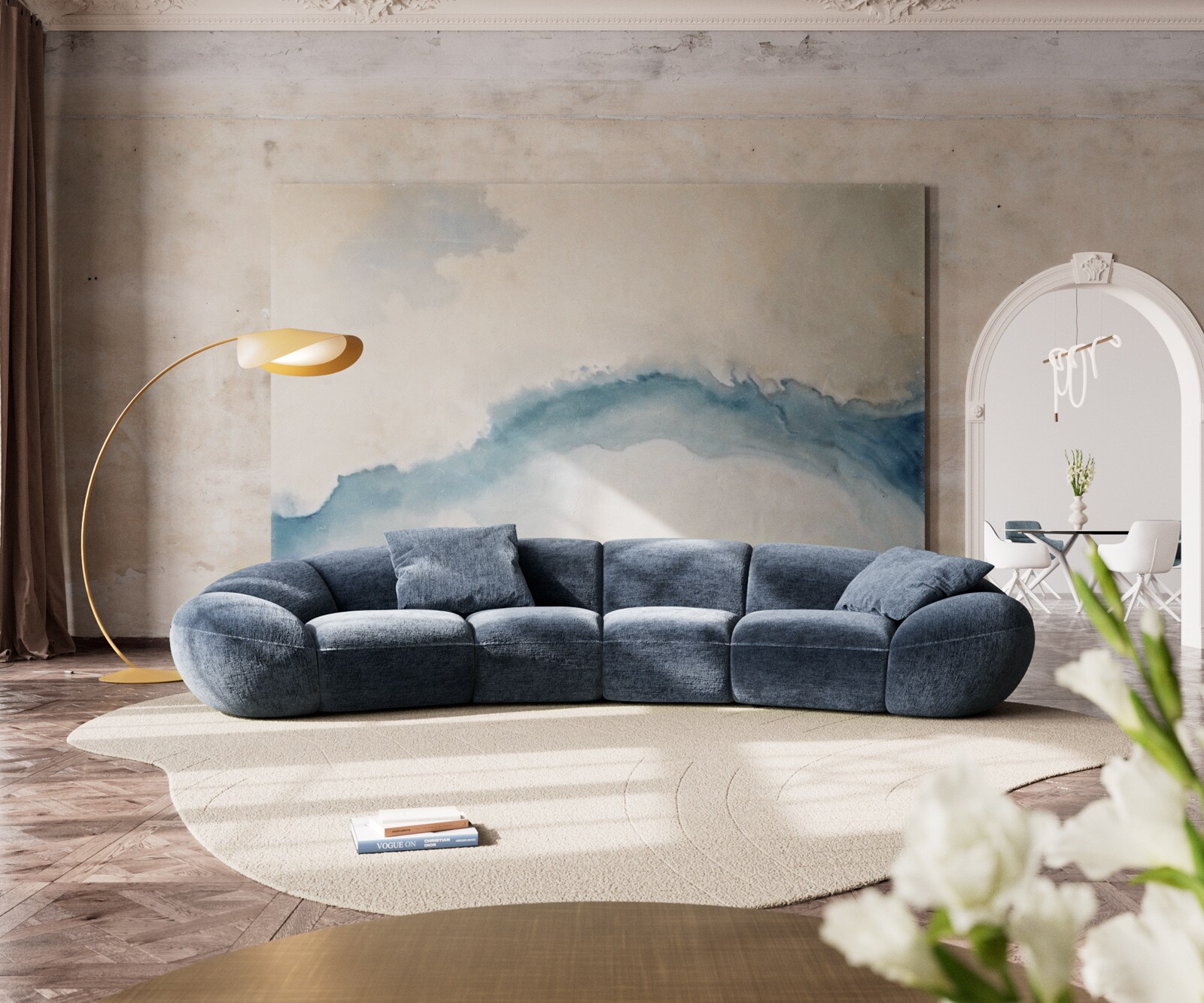 Big-Sofa Lunna 360x175 cm Chenille Blau 2 Kissen