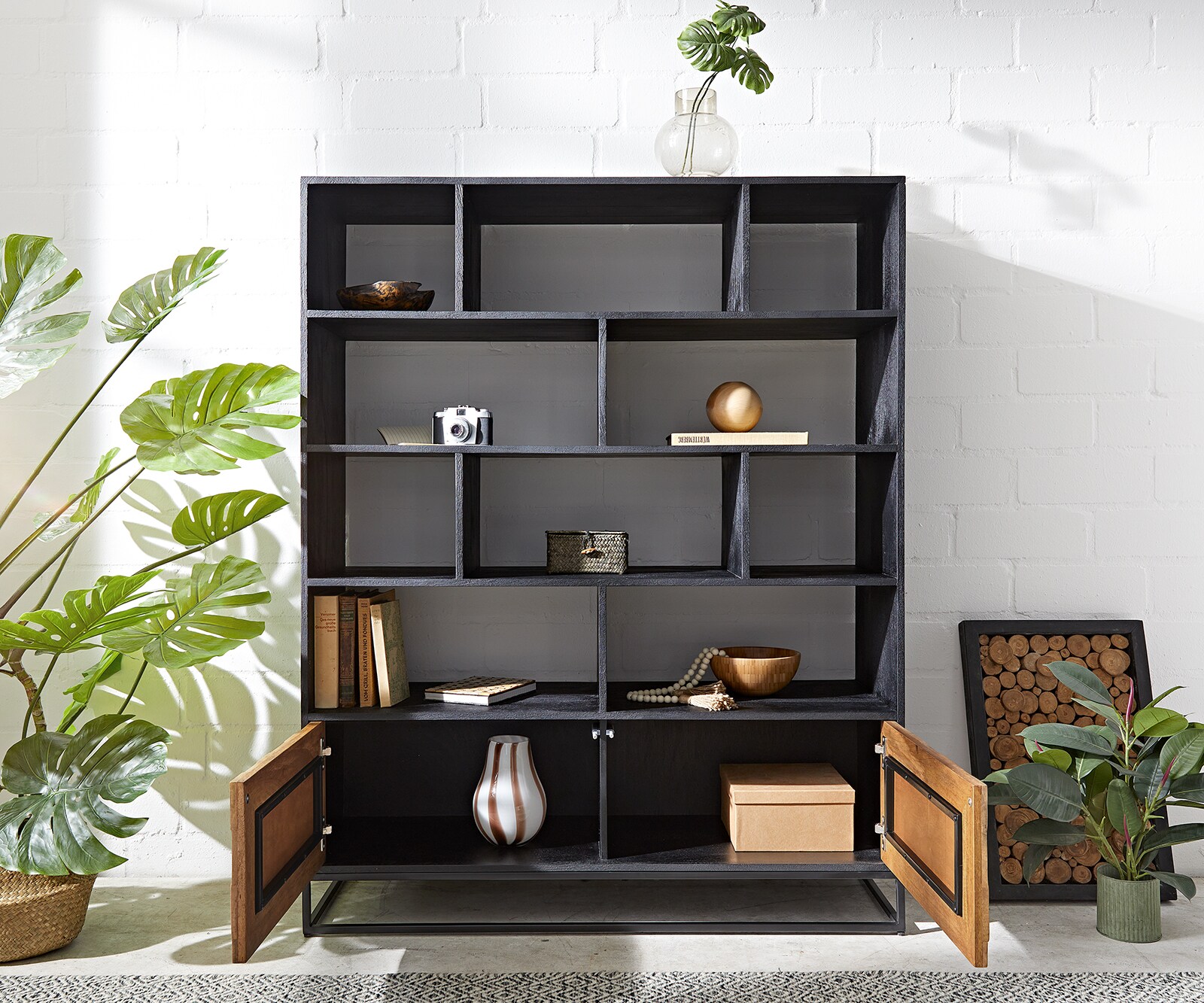 Highboard Famke 120 cm Mango Teak 10 Fächer 2 Türen 3