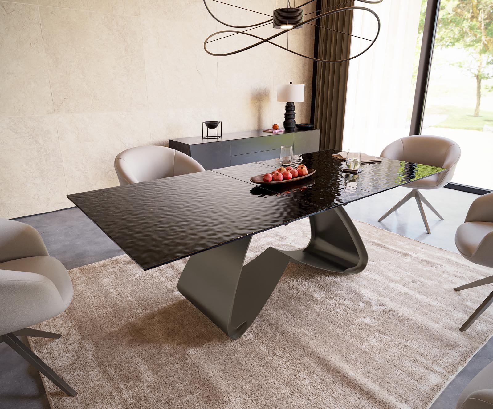 Esstisch Edge 180-220x100 Reliefglas Rauchschwarz 3D-Design W-Gestell Effektfinish Titan ausziehbar Esstisch Edge 180-220x100 Reliefglas Rauchschwarz 3D-Design W-Gestell Effektfinish Titan ausziehbar