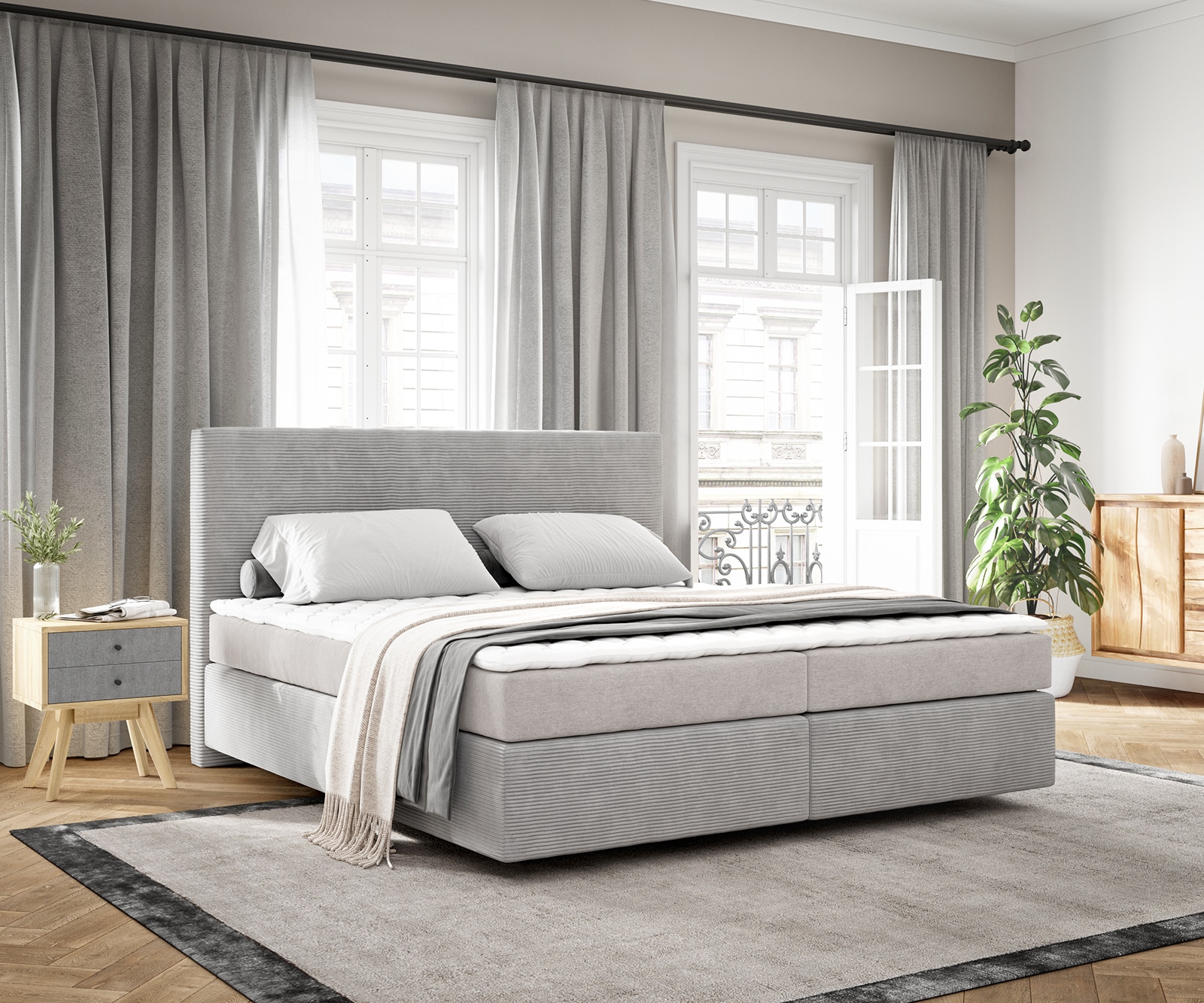 Boxspringbett Dream-Well 180x200 cm Cord Silbergrau mit Matratze und Topper Boxspringbett Dream-Well 180x200 cm Cord Silbergrau mit Matratze und Topper