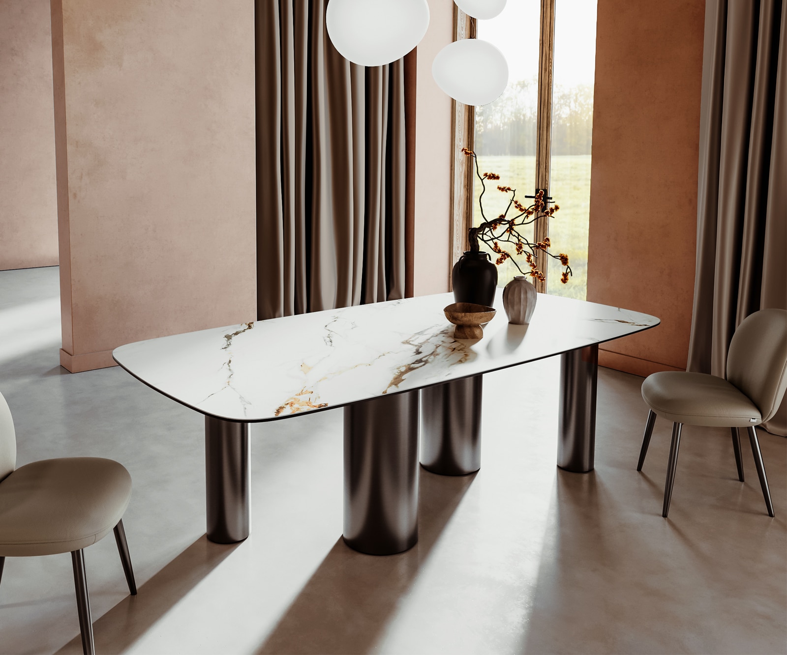 Esstisch Edge Boot 240x120 Keramik Calacatta Luxe Weiß-Gold-Grau Pilier Edelstahl Graphit 1 Esstisch Edge Boot 240x120 Keramik Calacatta Luxe Weiß-Gold-Grau Pilier Edelstahl Graphit 1