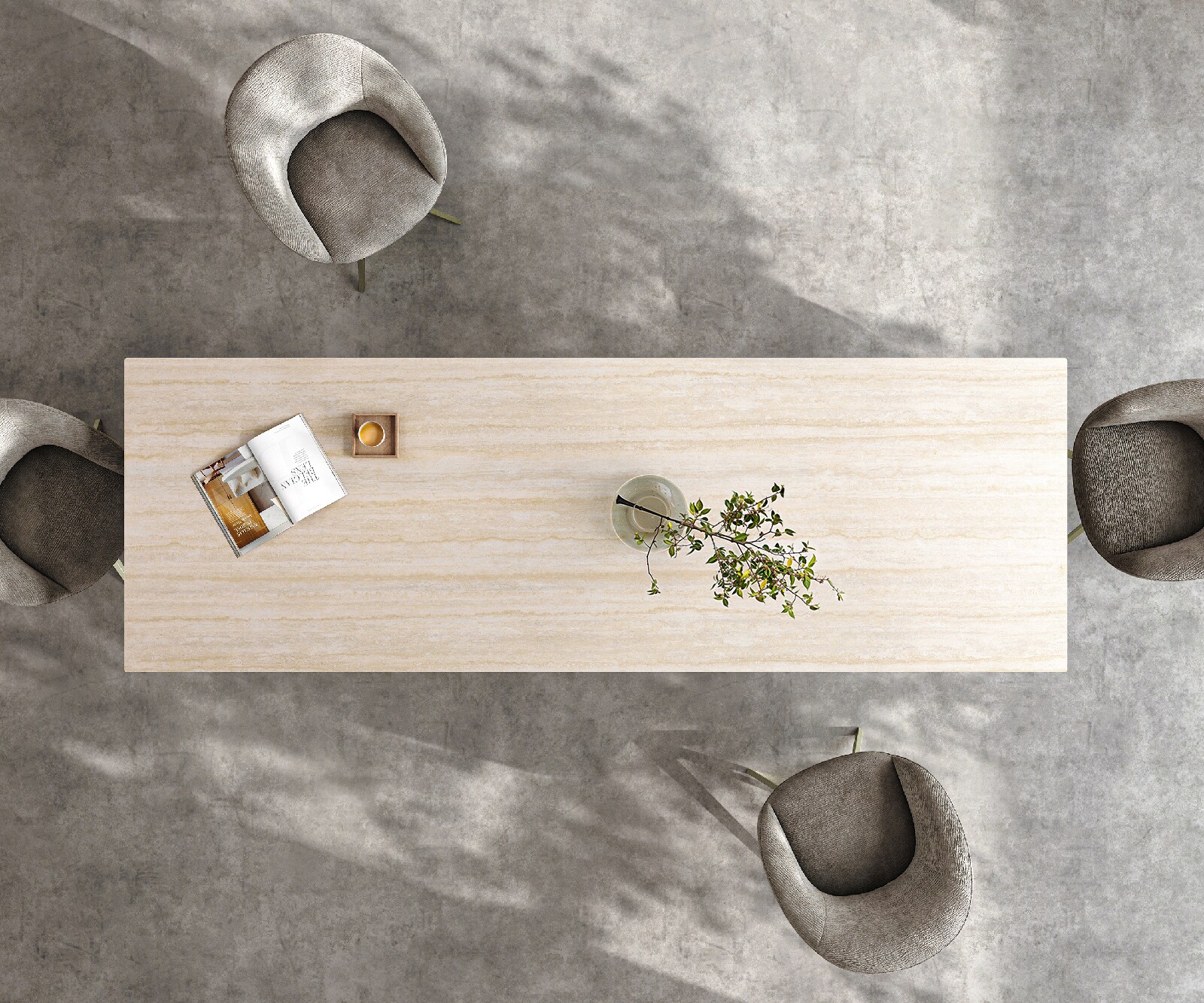 Esstisch Edge 200-300x100 Keramik Laminam® Travertino Bianco Creme-Weiß W-Gestell Effektfinish Titan ausziehbar 6